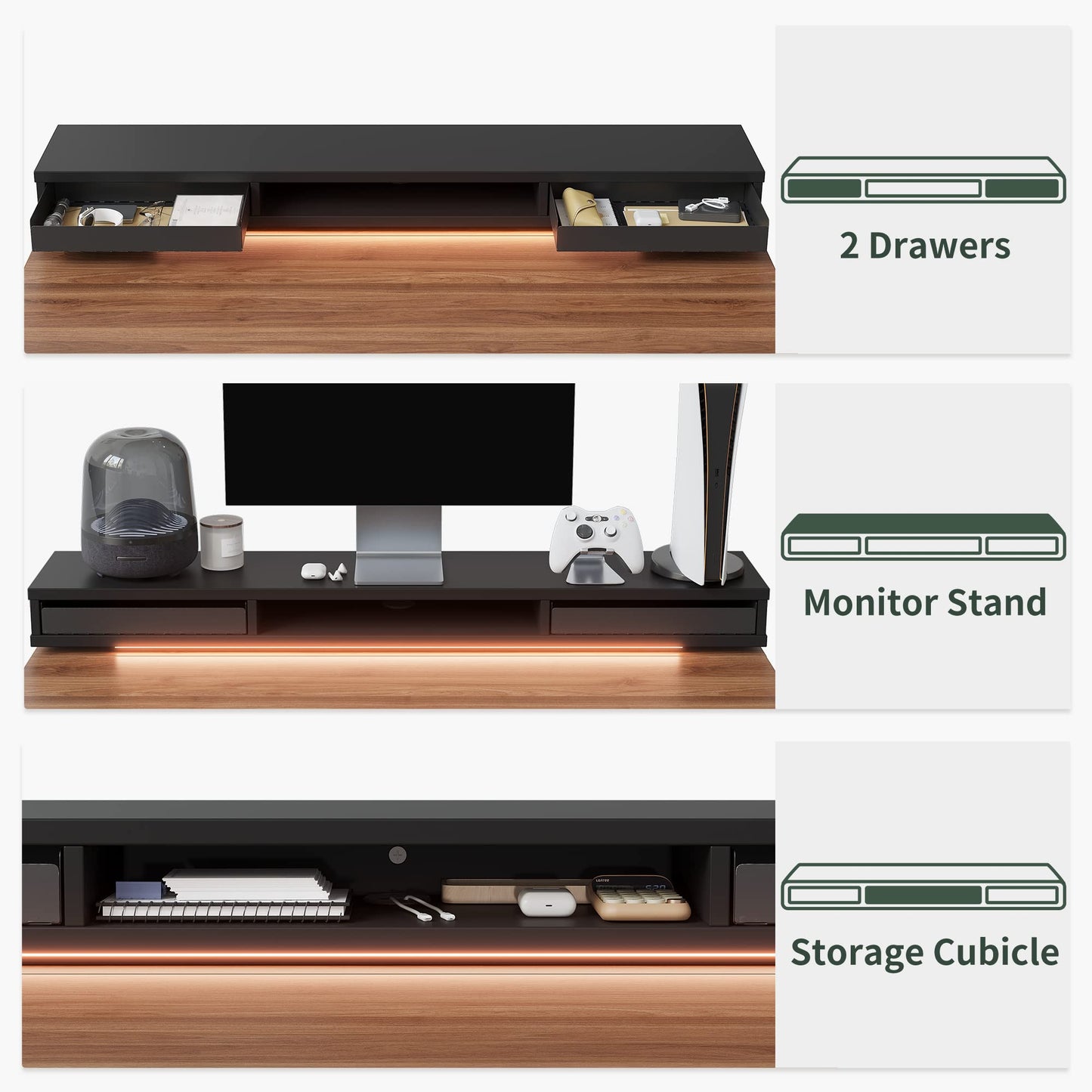 FEZIBO 60 x 24 Inch Height Adjustable Electric Standing Desk with Double Drawers, Stand Up Desk with LED Strips, Sit Stand Desk with Monitor Stand, Black Walnut