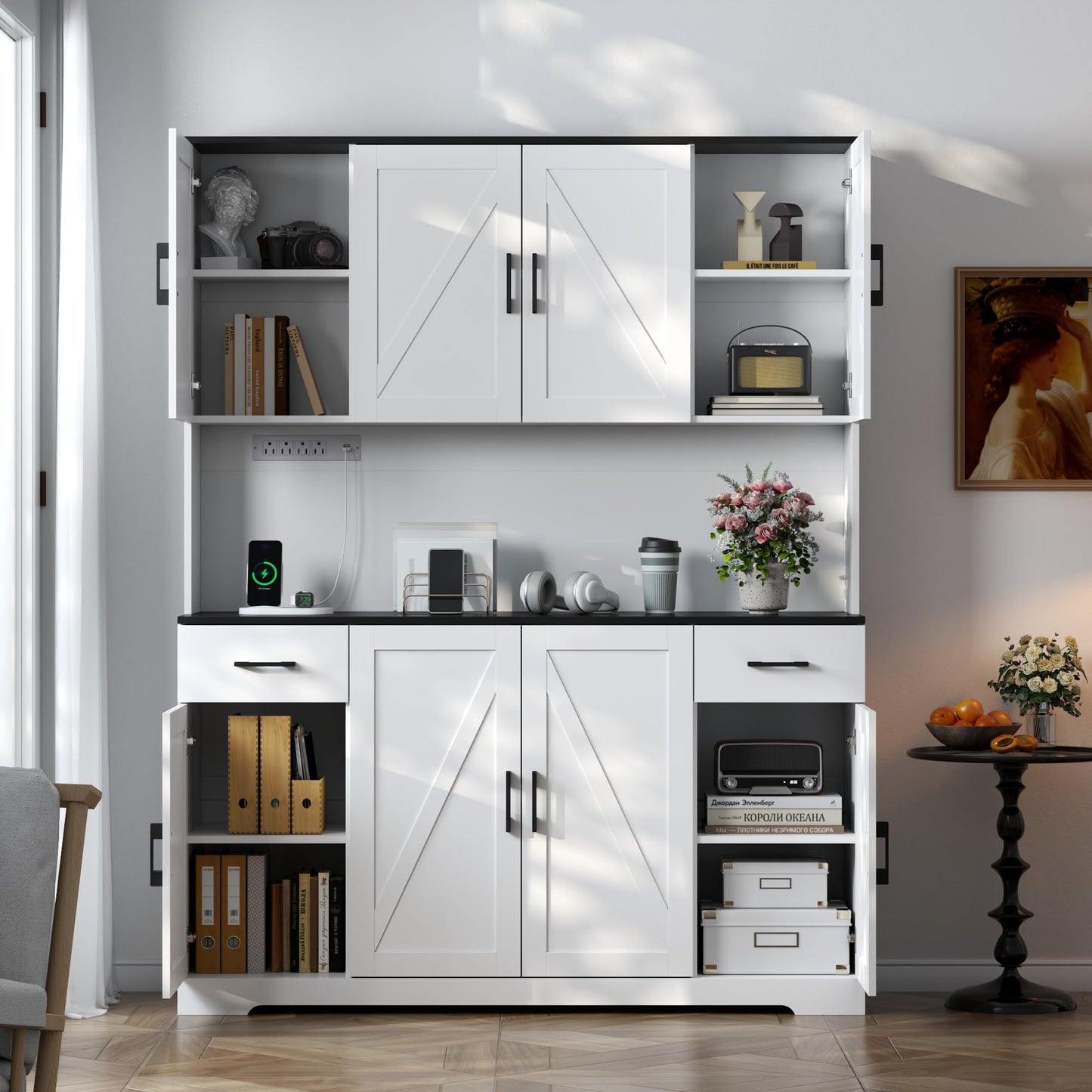 Gyfimoie 71’’ Tall Kitchen Pantry Cabinet with Charging Station, Wider Farmhouse Kitchen Storage Cabinet with Countertop Freestanding Hutch with Storage Drawers & Doors for Living Dining Room (White)