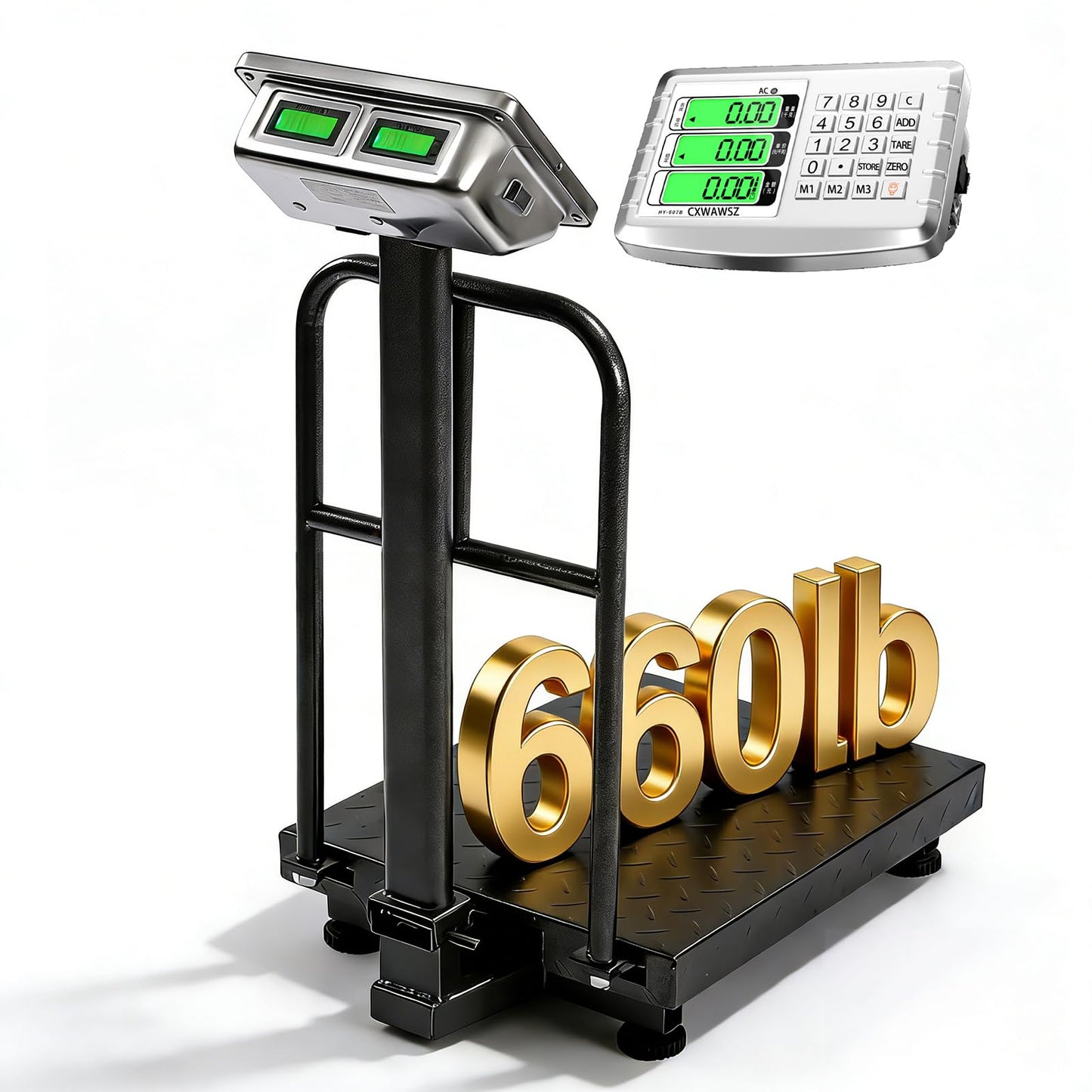 CXWAWSZ 660LB Industrial Platform Scale with Removable Guardrail LB/KG Weight Computing Digital Scale Floor Platform Scale Perfect for Postal Luggage Shipping Mailing Weighing