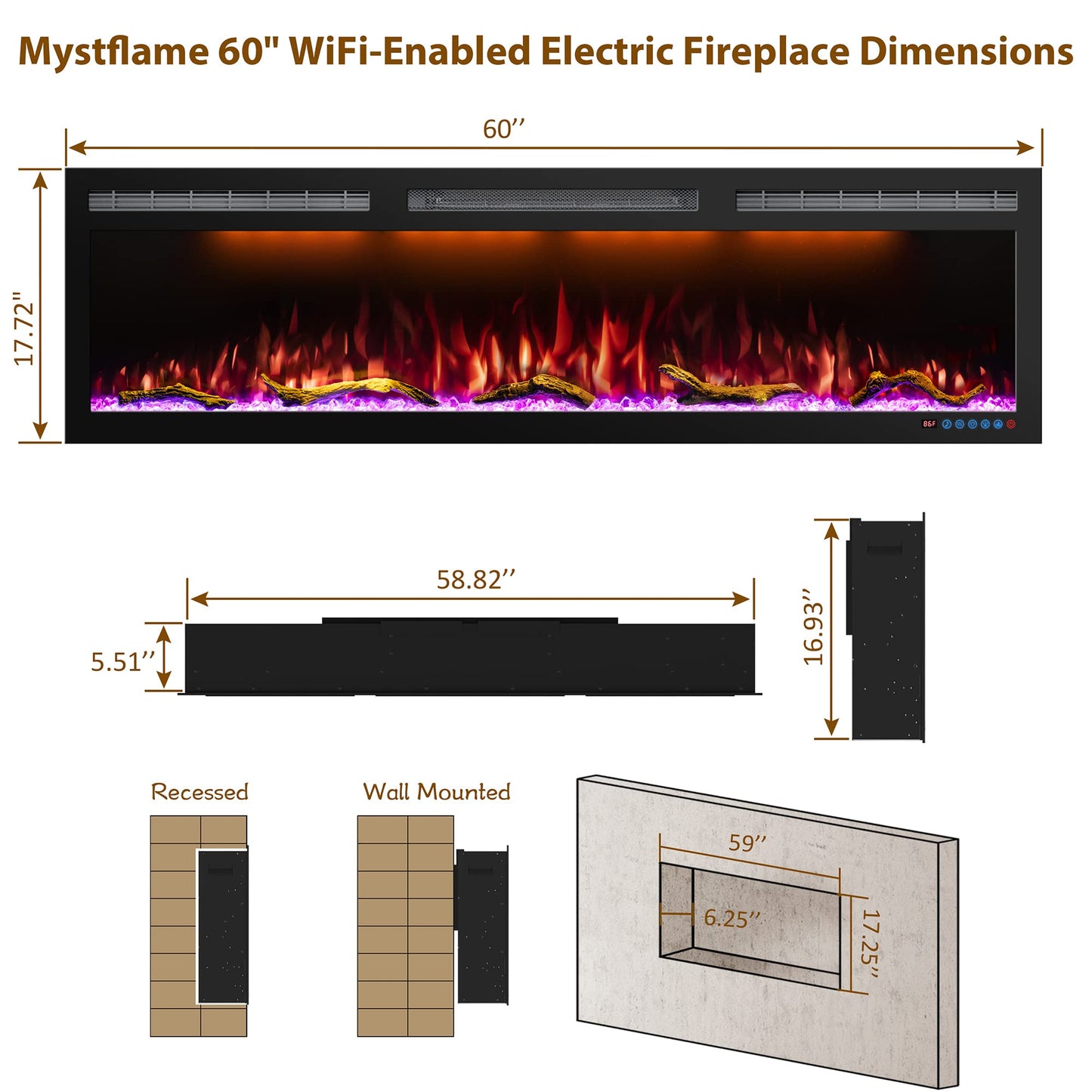 Mystflame 60 Inch WiFi Electric Fireplace Heater, Recessed or Wall Mounted, Ultra‑Slim 5.51" Deep, 750/1500W, 12 Flame Colors & 12 Ember Bed Colors,Remote & App Control, Works with Alexa & Google Home