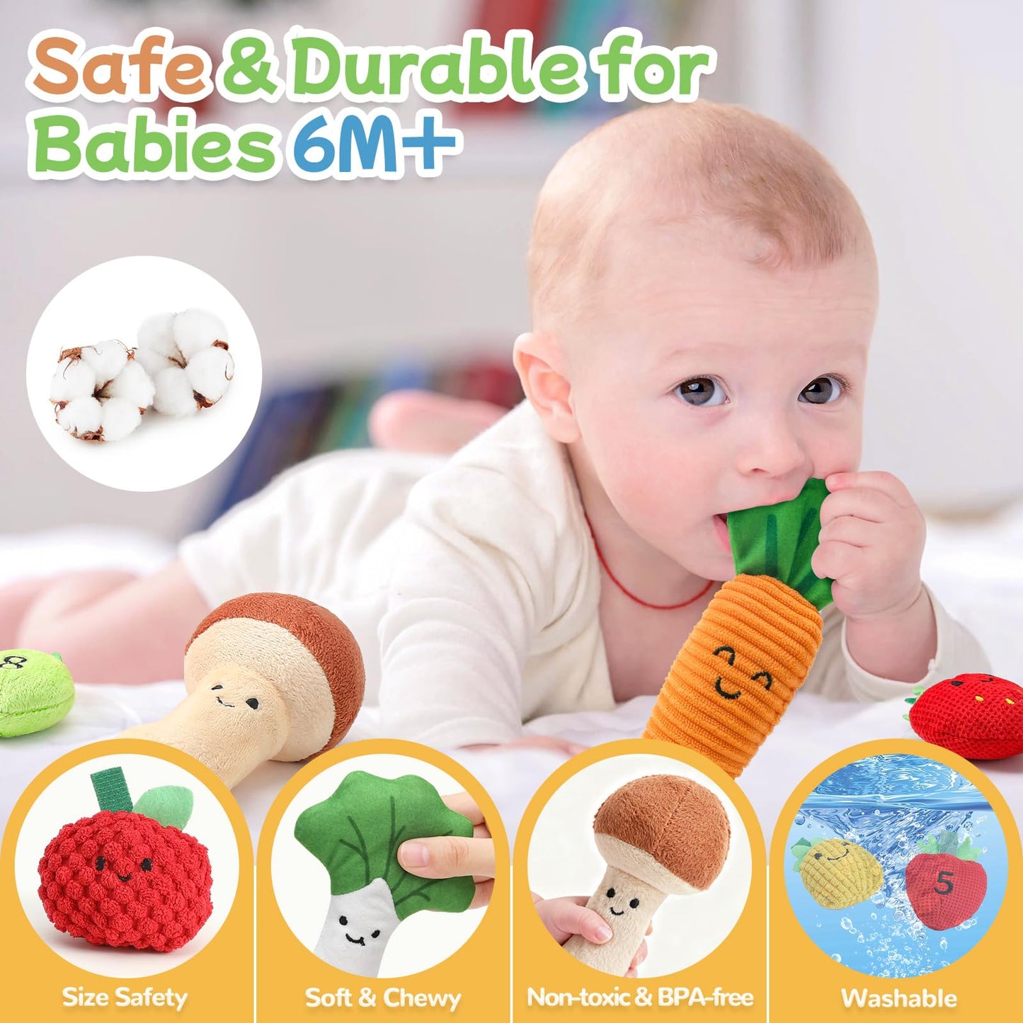Mini Tudou Baby Toys 6-12 Months-Fruits Veggies Farm Stuffed Toys 15PCS-Sensory Educational Toy Mushroom Carrot with Rattle Squeaker Crinkle Texture Color Shape Number Matching Gifts