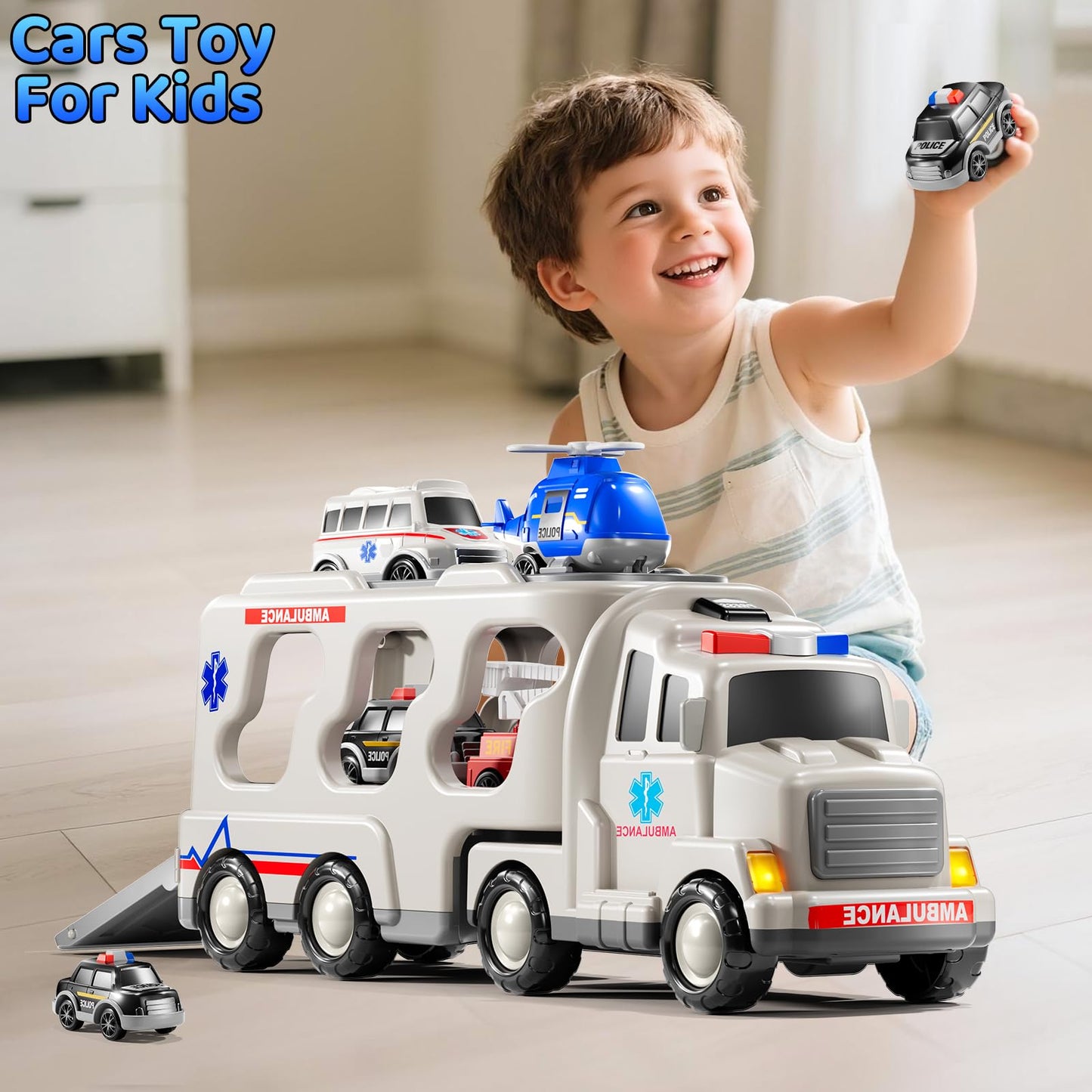 KIZONLY Ambulance Truck Toys Set for Kids Toddlers 1-3 3-5 Years Old, Carrier Truck Playset with Toy Cars, Light and Sound, City Learning Toys for Toddlers, Birthday Gifts for Boys Girls Aged 2-4 4-8
