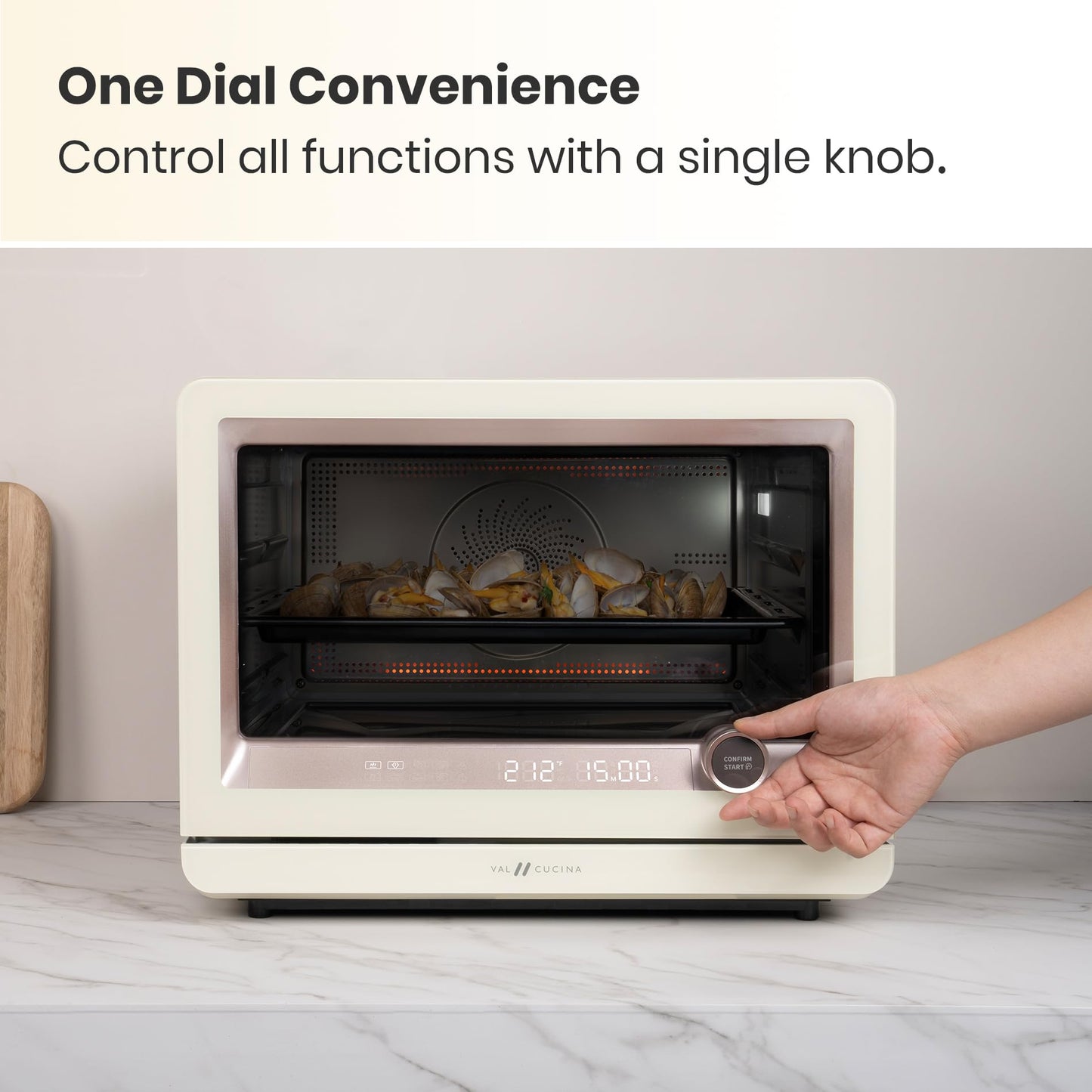 VAL CUCINA 7-in-1 Steam Convection Oven Countertop with Air Fry, Bake, Sous Vide, Ferment, Built-in Recipes & VAL Board Cutting Board, Creates Storage Space, Protects Cabinets