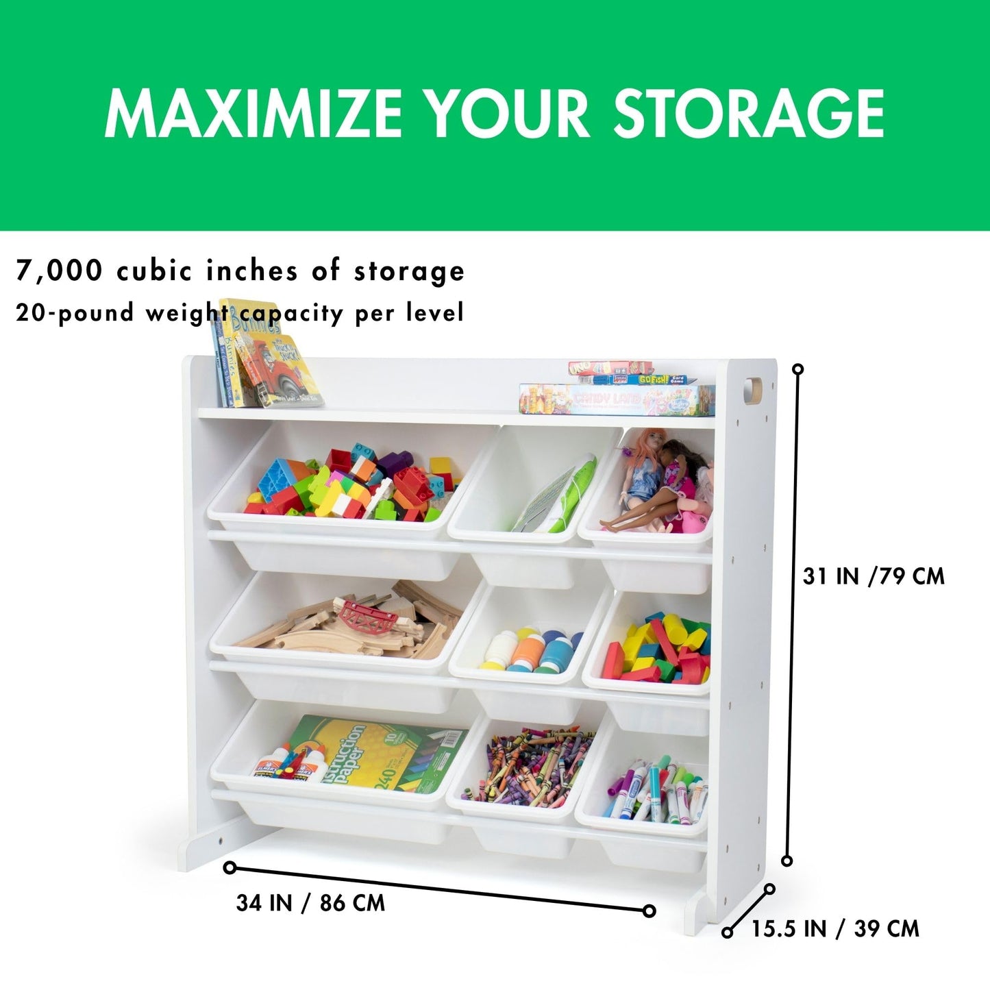 Humble Crew Toy Storage Organizer with 9 Removable Storage Bins for Kids Playroom, 3-Tier with Top Shelf Toddler Toy Organization, White/White