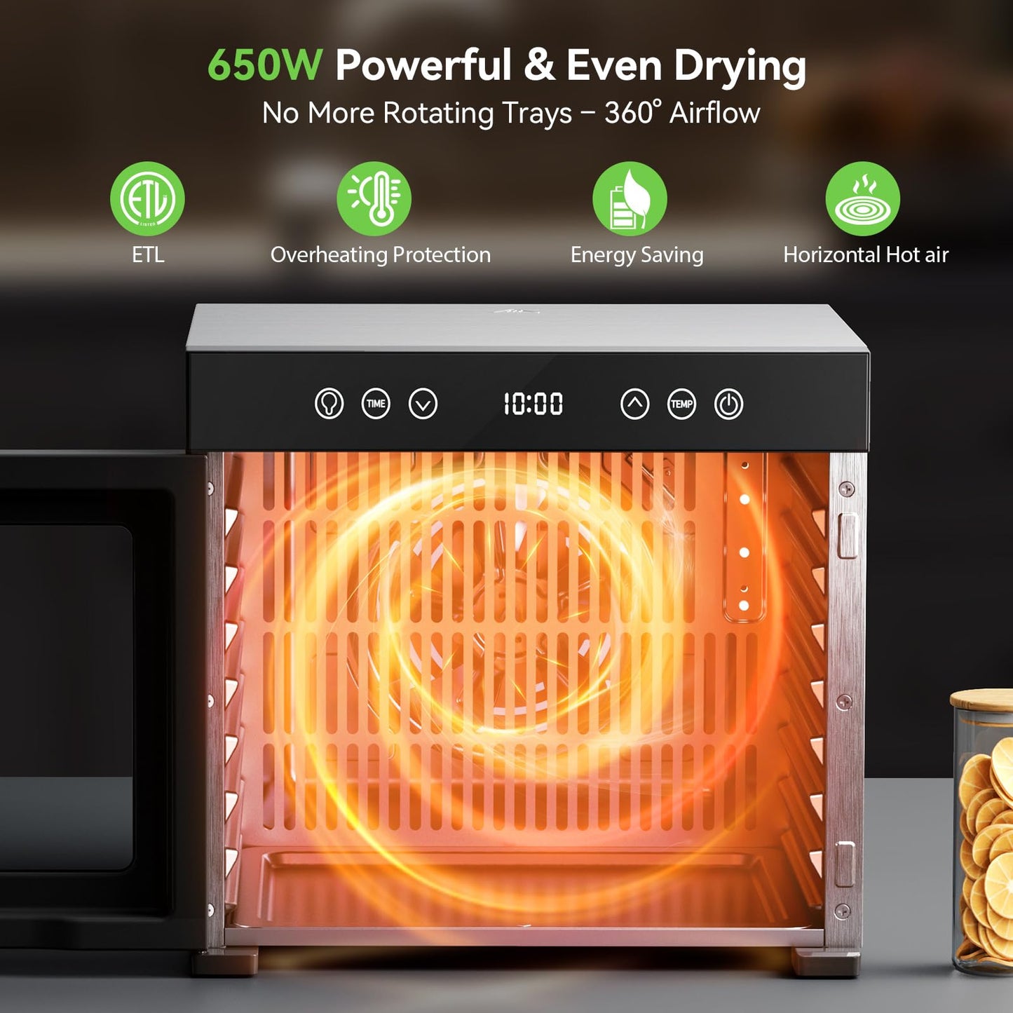 Food Dehydrator with Adjustable Timer & Temperature, 8 Stainless Steel Trays, 650W Powerful Machine, Quiet Operation Dehydrator for Jerky, Fruits, Herbs, Dog Treats