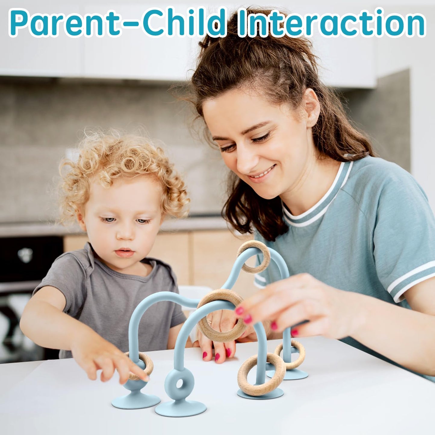 Baby Sensory High Chair Suction Toys for Infant Toddlers 12 18 Months, Food Grade Silicone String with Oak Loop Montessori Educational Parent-Child Baby Bath Toy Gift for Birthday or Easter (Blue)