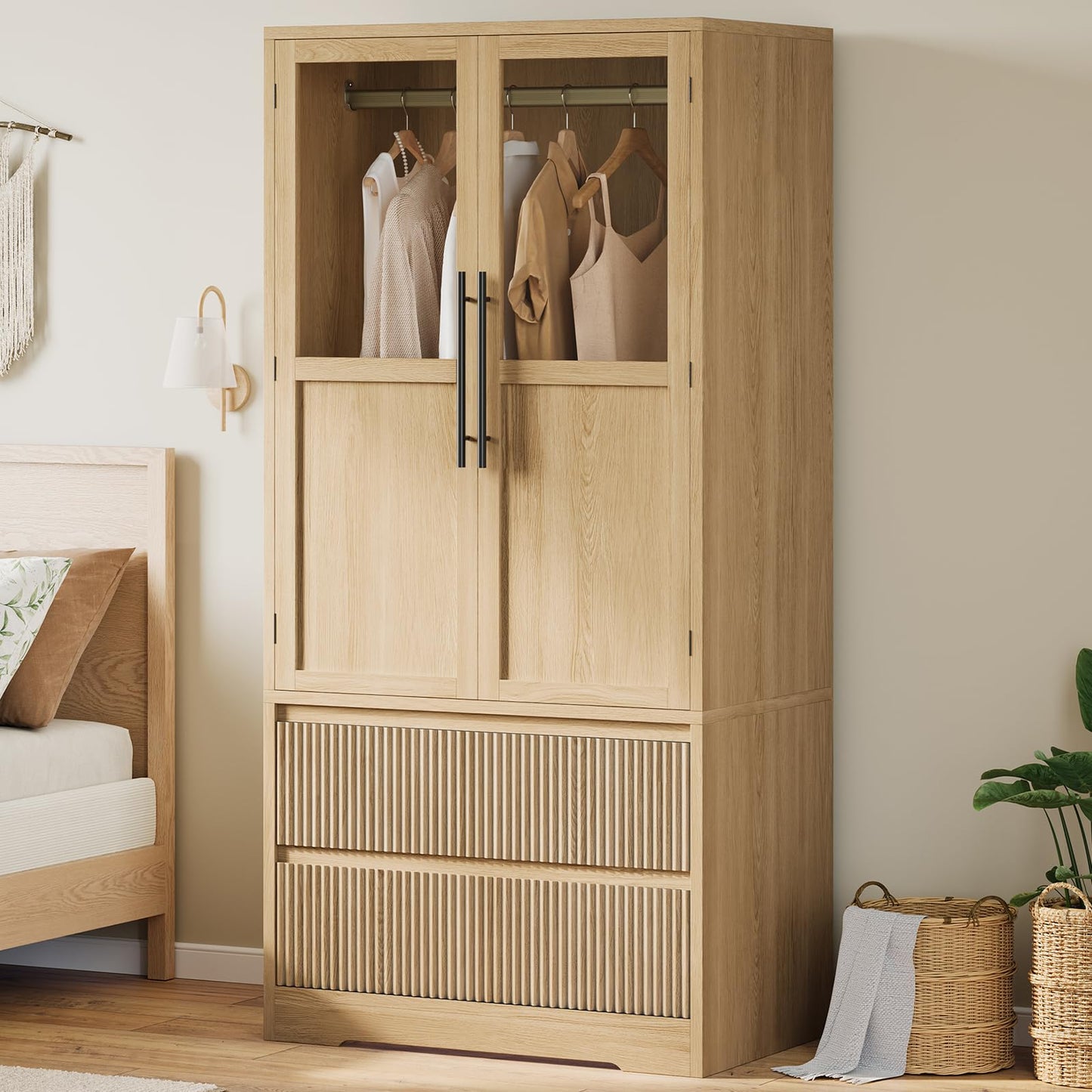 GarveeHome Armoire Wardrobe Closet with 2 Glass Doors & 2 Fluted Drawers, Wooden Wardrobe Storage Cabinet Closet w/Hanging Rod & Shelves, Large Capacity, Freestanding for Bedroom, Clothes, Natural
