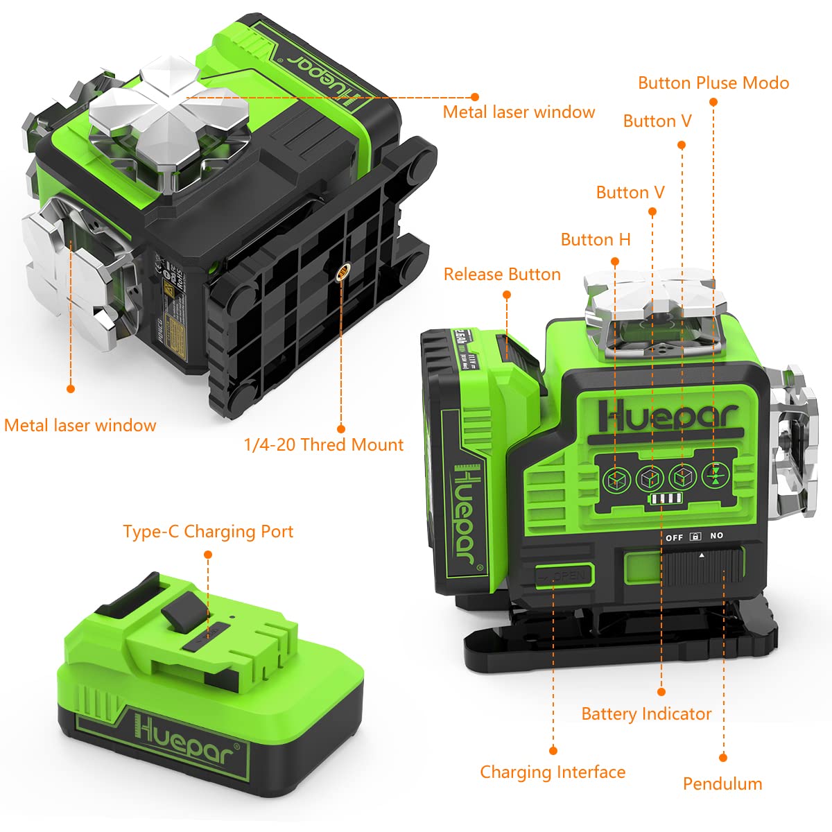 Outdoor Laser Level 360 Self leveling with Laser Level Receiver, 4x360 Green Cross Line Laser with Bluetooth, Huepar P04CG＆LR-8RG, Laser Class: Class II (IEC/EN60825-1/2014), 1mW power output