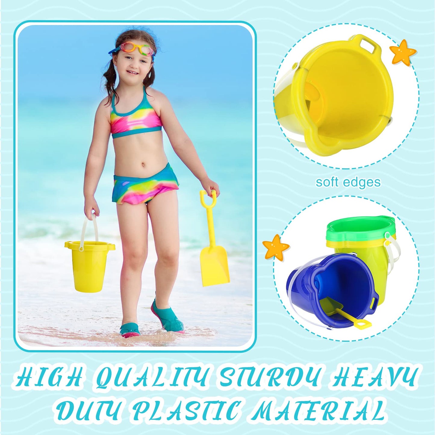 Didaey 7.5 Inch Beach Buckets and Shovels Plastic Sand Pails Castle Building Sand Shovel for Boys and Girls Summer Beach Toys Party Favors(24 Set)