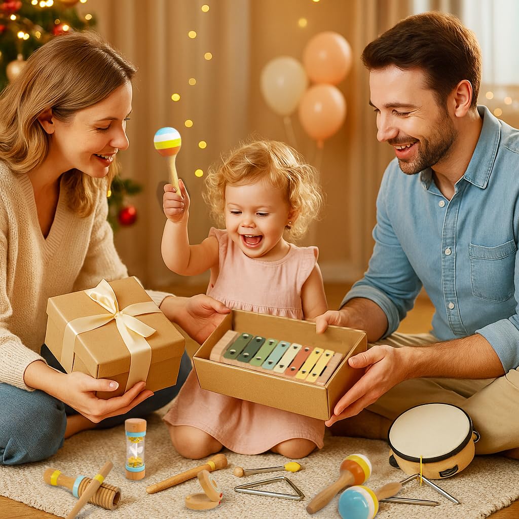 Baby Musical Instruments for Toddlers 1-3, 12PCS Montessori Musical Toy Set with Xylophone, Drum, Maracas...Perfect Toy Gift for 1-3 Year Old Boy Girl