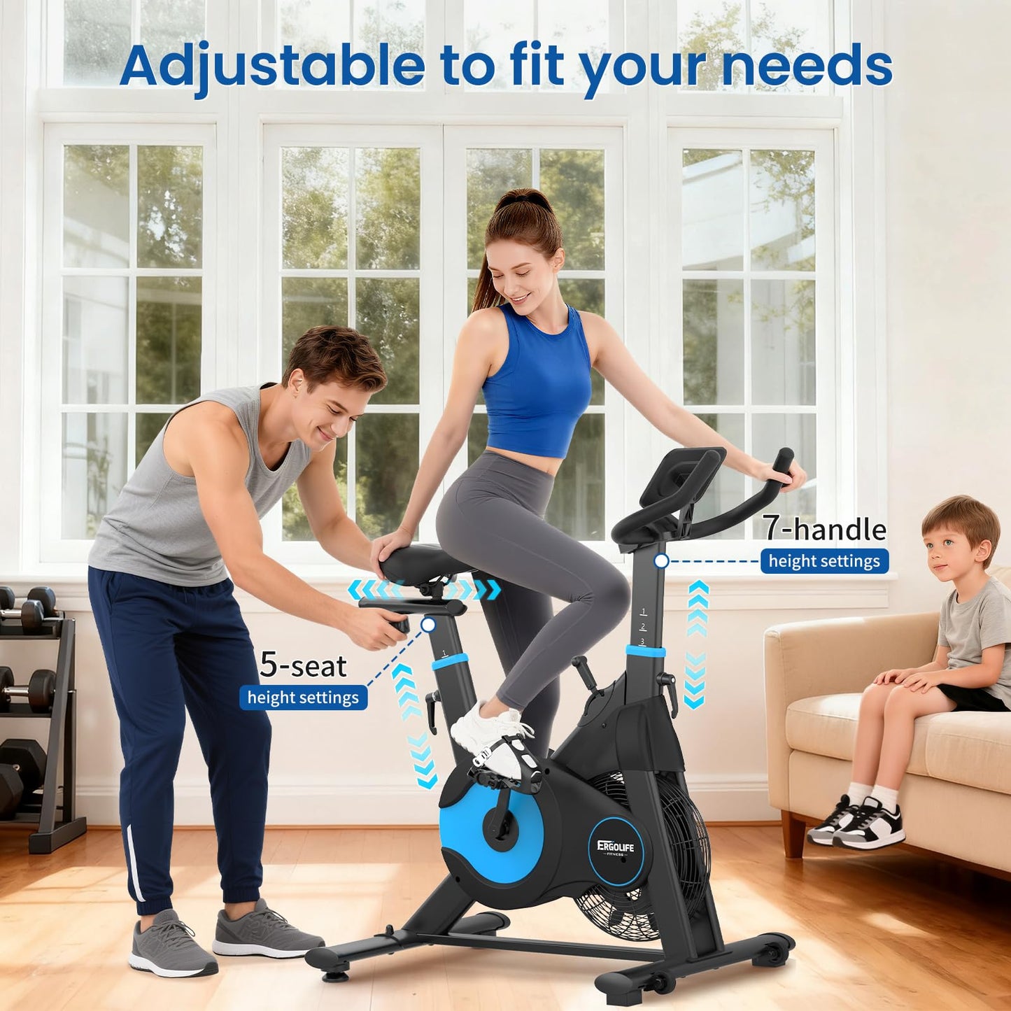 ERGOLIFE Air + Magnetic Resistance Exercise Bike, Stationary Fan Bike with Exclusive App, 8 Resistances Indoor Cycling with 300lbs Weight Capacity & Tablet Holder for Weight Loss