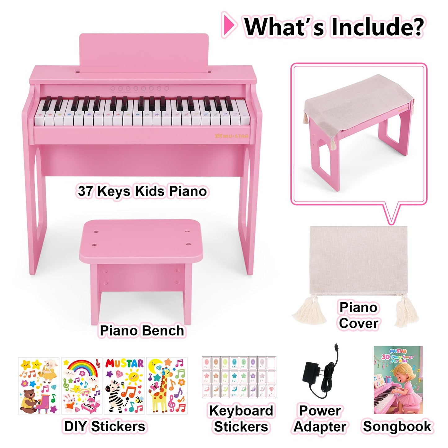 Kids Piano Keyboard, 37 Keys Wooden Digital Piano for Kids with Bench,Song Book, DIY Stickers, Cover, Education Creative Musical Instruments Toy for Boys & Grils Gifts