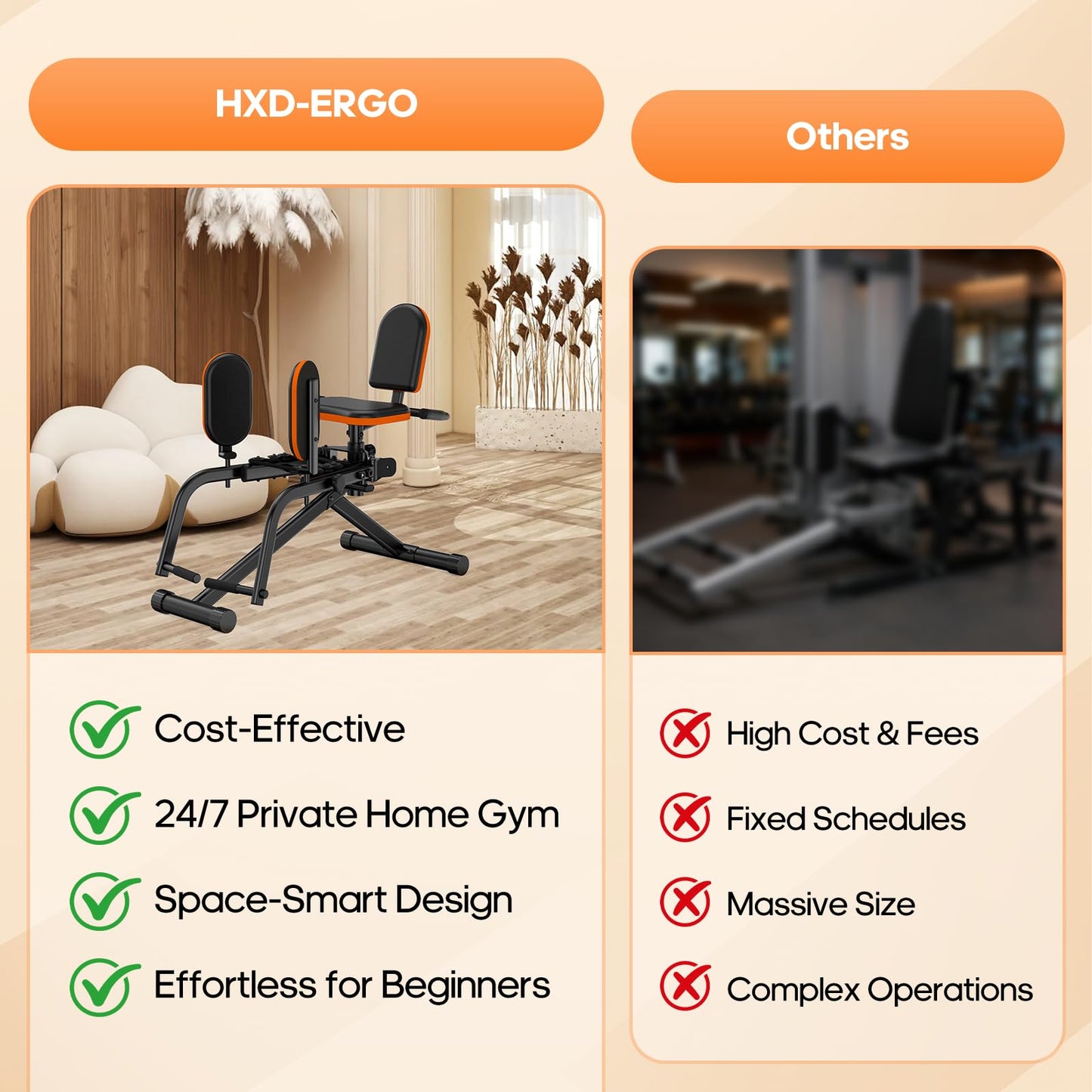 HXD-ERGO Hip Abductor/Adduction Machine for Home Gym, 6-Level Glute Machine & Thigh Workout Equipment, Booty Builder with Plush Padding, Compact Leg Exercise Euipment for Women & Men (Orange)