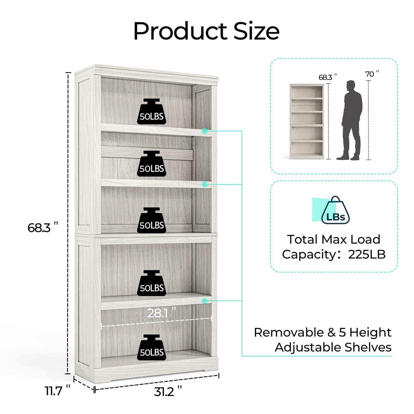 LINSY HOME 5-Shelf Bookcase, Bookshelves Floor Standing Display Storage Shelves 68 in Tall Bookcase Home Decor Furniture for Home Office, Living Room, Bed Room - White Oak