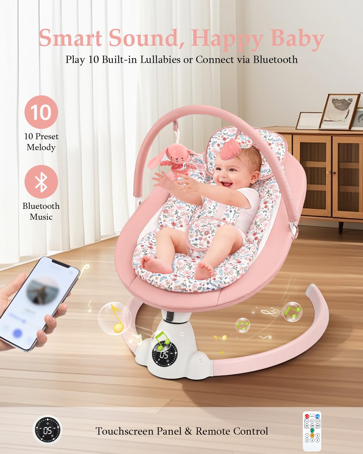 Baby Swing for Infants, Electric Baby Swing with Bluetooth, Portable Infant Swing with 5 Speeds, 10 Lullabies, 5-Point Harness & Remote Control, for Newborns Infants Indoor Outdoor Use (Floral)