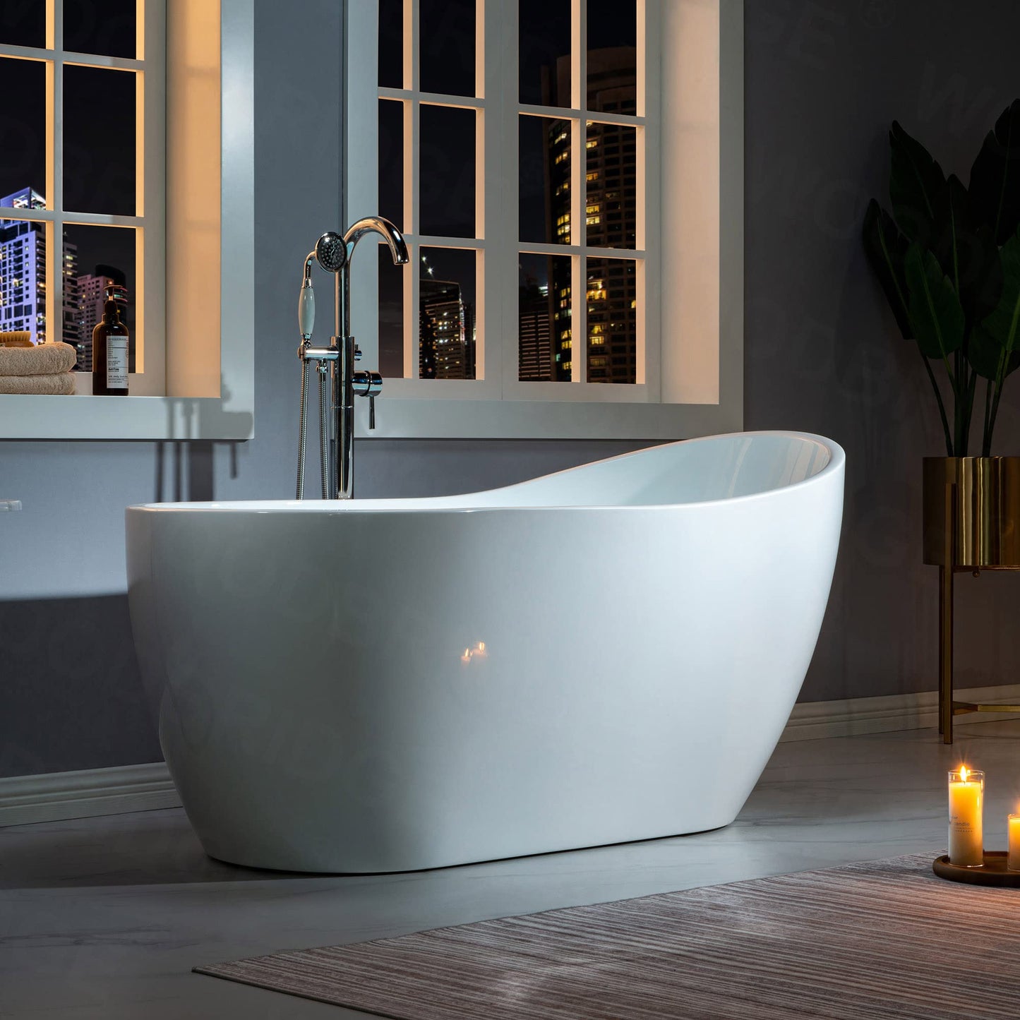 WOODBRIDGE 59" Acrylic Freestanding Bathtub Contemporary Soaking White Tub with Matte Black Overflow and Drain，B1530-MB-Drain&O
