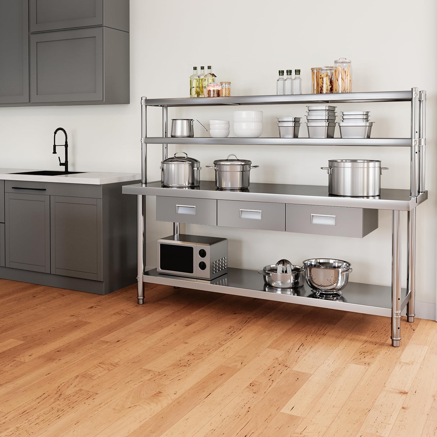 YITAHOME NSF Stainless Steel Table with Overshelves & Drawers, 72" X 24" Worktable with 72" X 12" Shelf & 3 Drawers, Metal Prep Workstation