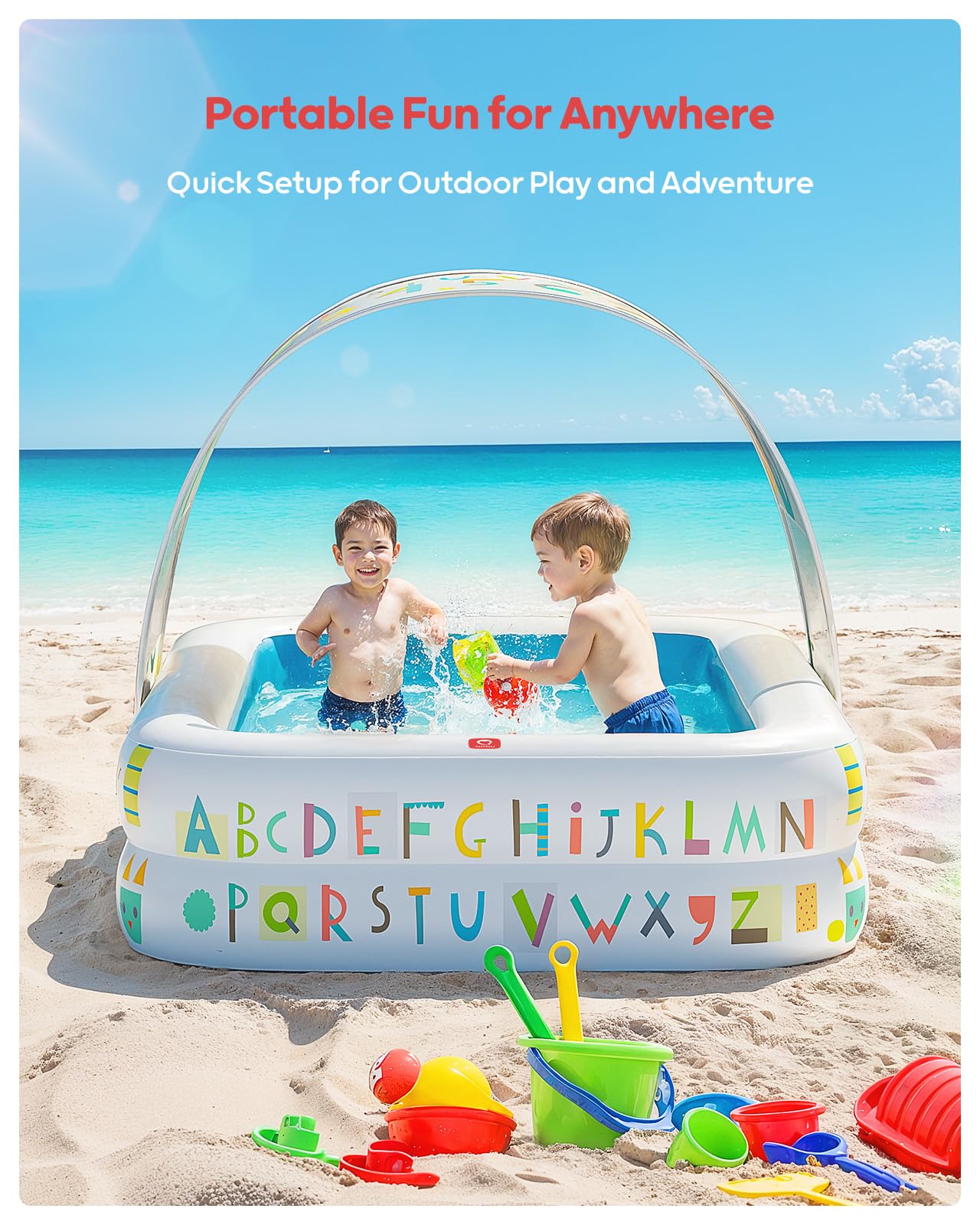 QPAU Kiddie Pool – 65" x 39" Inflatable Pool for Kids & Toddlers, Ball Pit & Baby Pool with Soft Cushioned Floor, Canopy for Sun Protection, Durable Outdoor Play Toys for Backyard & Indoor (Blue)