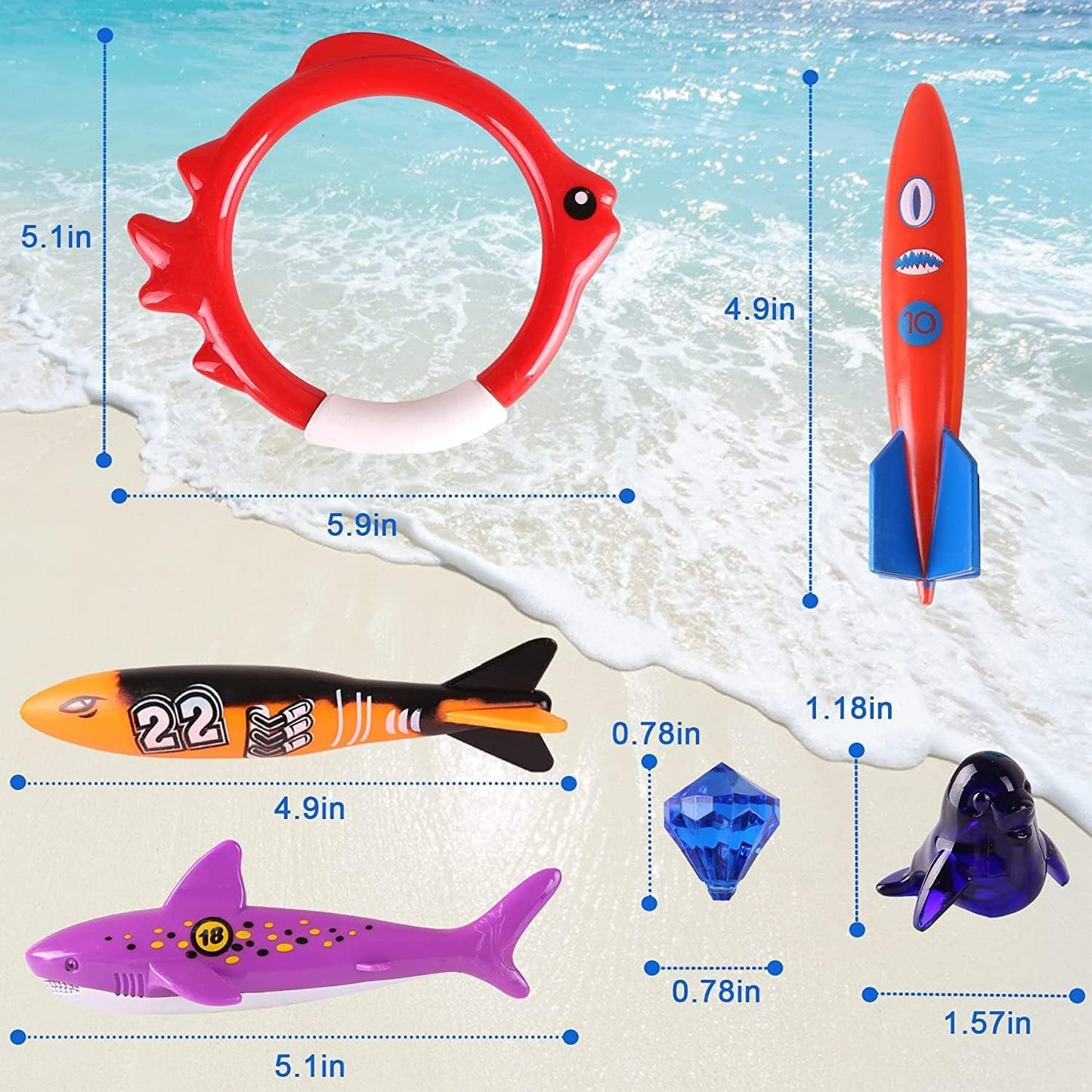 20Pcs Summer Pool Diving Swimming Toys for Kids Ages 3-12, Fun Swim Games Sinking Set, Underwater Dive Gifts with Storage Bag Include Torpedo Gems Shark Rings Sea Animals for Boys Girls Toddlers