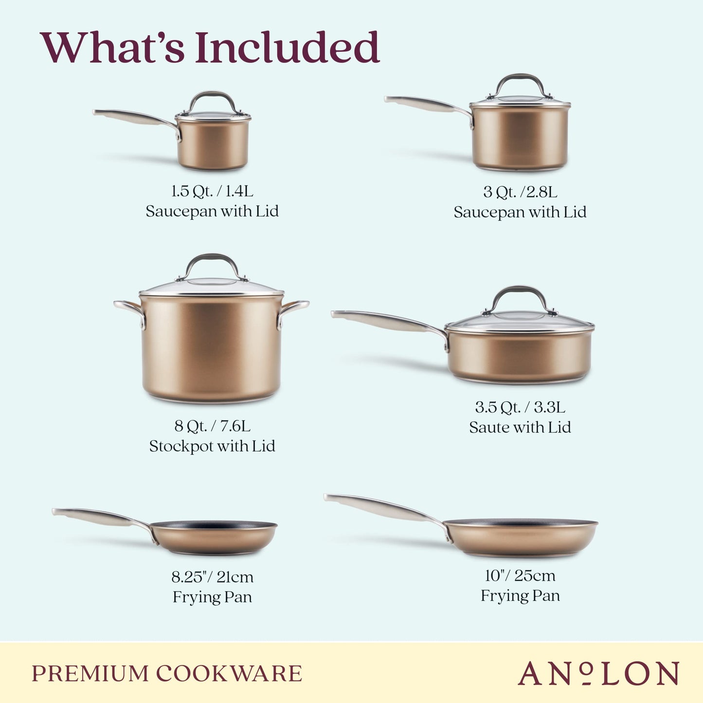 Anolon Ascend Hard Anodized Nonstick Cookware/Pots and Pans Set - Good for All Stovetops (Gas, Glass Top, Electric & Induction), Dishwasher & Oven Safe with Stainless Steel Handles, 10 Piece - Bronze