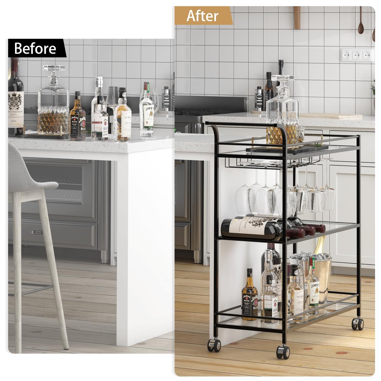 Alihdrna Black Bar Cart, Home Bar Serving Cart with Handle, Wine Cart with 3-Tier Glass Shelves, Beverage Cart with Wine Rack and Glass Holder, Bar Carts for The Home, Dining Room, Living Room