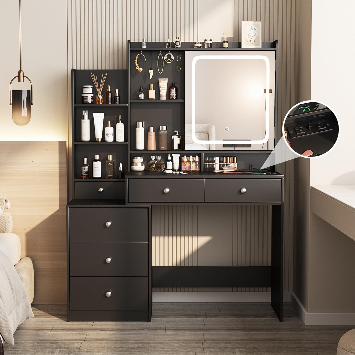 Vabches Vanity Desk with Mirror and Lights, Makeup Vanity with 6 Drawers and Shelves, Dressing Table with Power Outlet, Makeup Desk with Led Lighted Mirror in 3 Colors, for Bedroom, Black