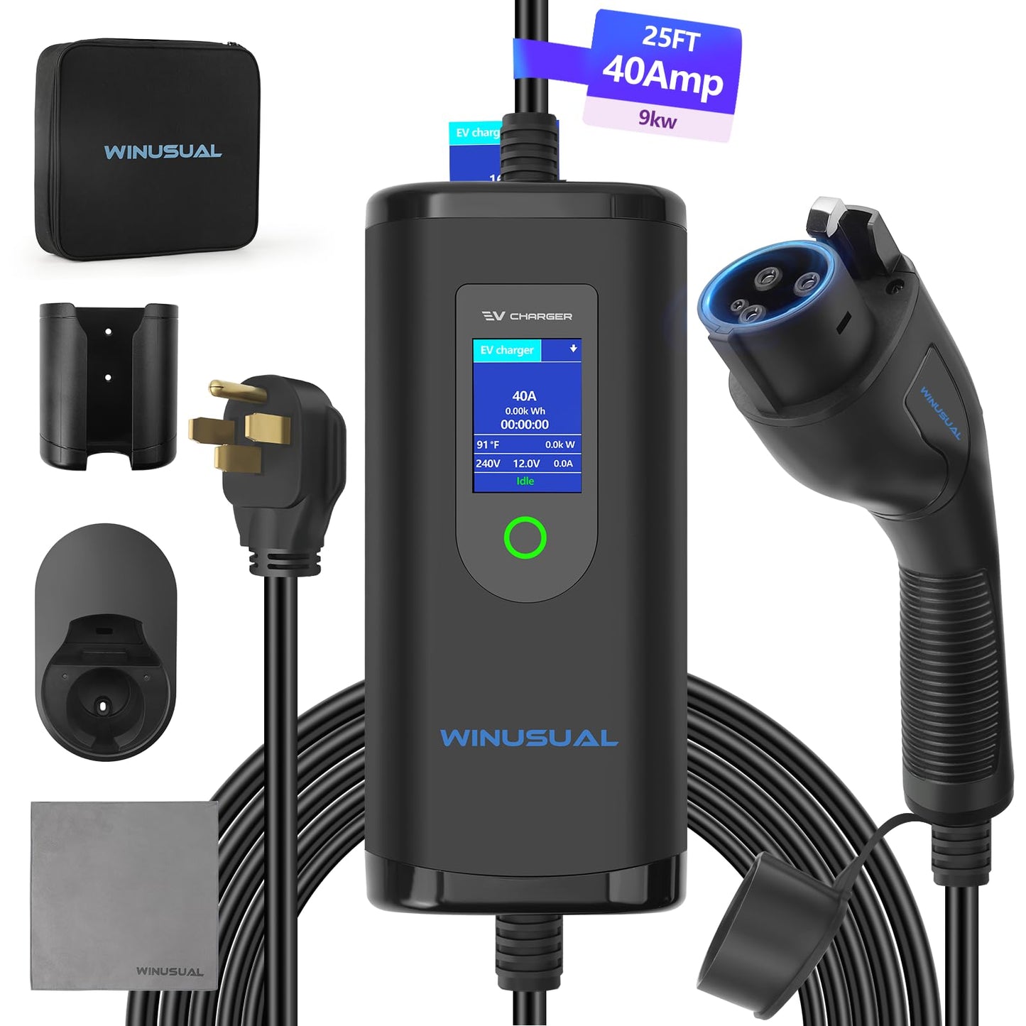 WINUSUAL Portable Level 2 EV Charger, Adjustable 40A Electric Car Charger J1772, 240V NEMA 14-50 Plug EVSE Home Charging Station with 25ft Cable and Carry Bag