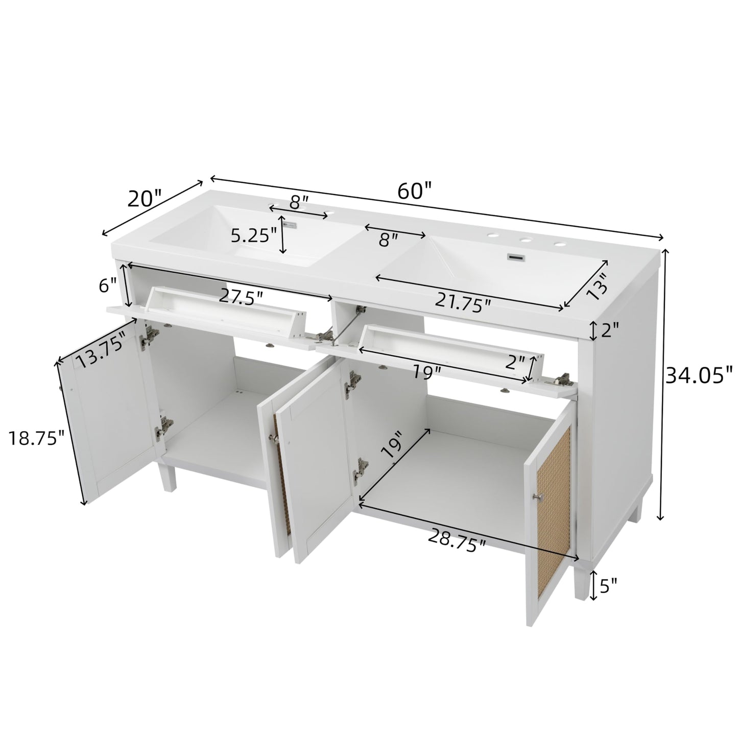 Christopher Knight Home Heli 60" Modern Double Bathroom Vanity with Sink Combo Set, Modern Freestanding Bathroom Sink Cabinet with Drawer, Bathroom Storage Cabinet with Sink Combo, White +Natural