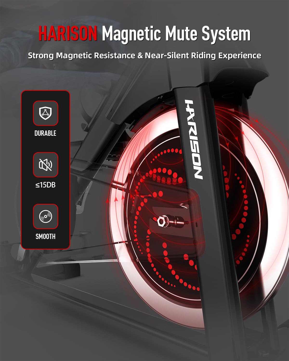 HARISON Exercise Bike, Magnetic Stationary Bike for Home Gym, Adjustable Resistance Quiet Dual-Belt Indoor Cycling Spin Bike with 380lb Capacity, APP Connectivity, Push-to-Stop, 6-Level Handlebar