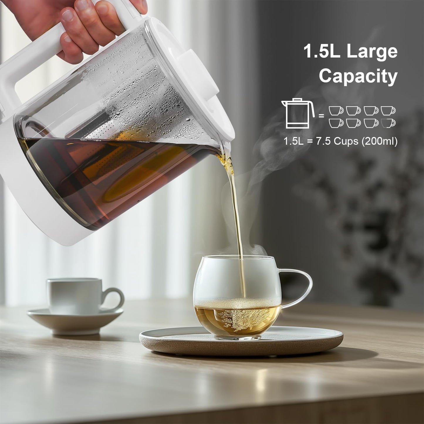 Aesthetern Electric Tea Kettle with Infuser Temperature Control and Automatic Shut Off 24 H Keep Warm for Coffee Water Heater and Tea Pot Glass White 1.5L