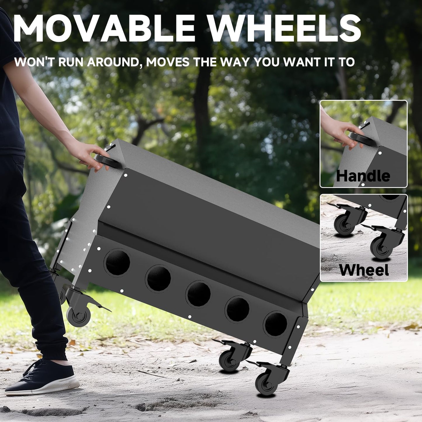 POOAMY Portable Metal Chicken Feeder with Waterproof Lid, Freestanding Chicken Feeding Box with 150 lbs Large Capacity for Chickens, No Waste Gravity Poultry Feeder, 4 Lockable Wheels for Moving.