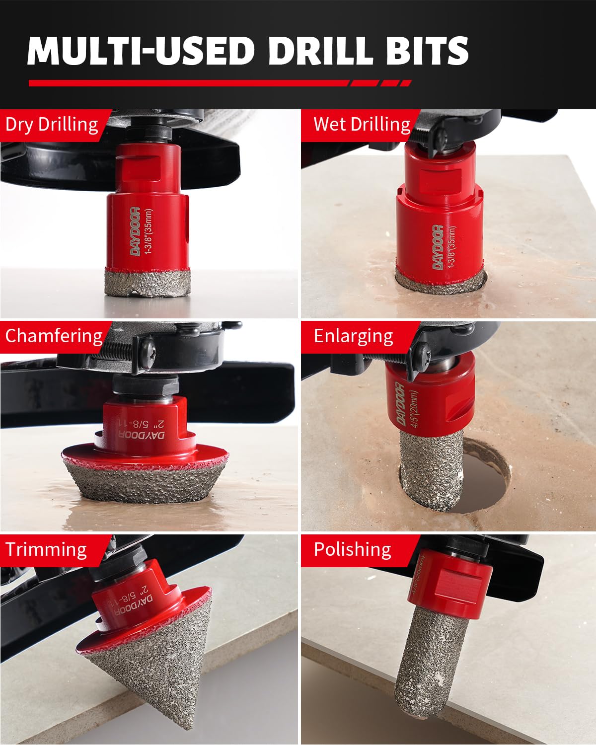 DAYDOOR Diamond Hole Saw Kit, 13-Piece Tile Hole Saw Kit 6/6/8/20/25/35/51/76/102mm, Vacuum Brazed Core Drill Bits for Porcelain Tile, Granite, Marble, Stone
