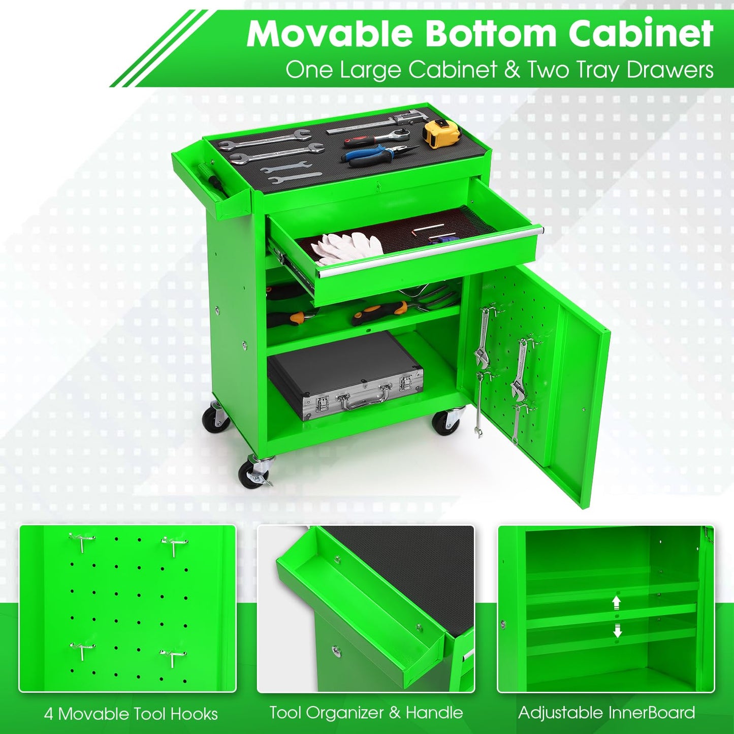 Dawmilon 5-Drawer Rolling Tool Chest with Wheels - Large Tool Storage Cabinet with Detachable Toolbox for Repair Room,Warehouse - Rolling Tool Box with Hooks,Liners, Green
