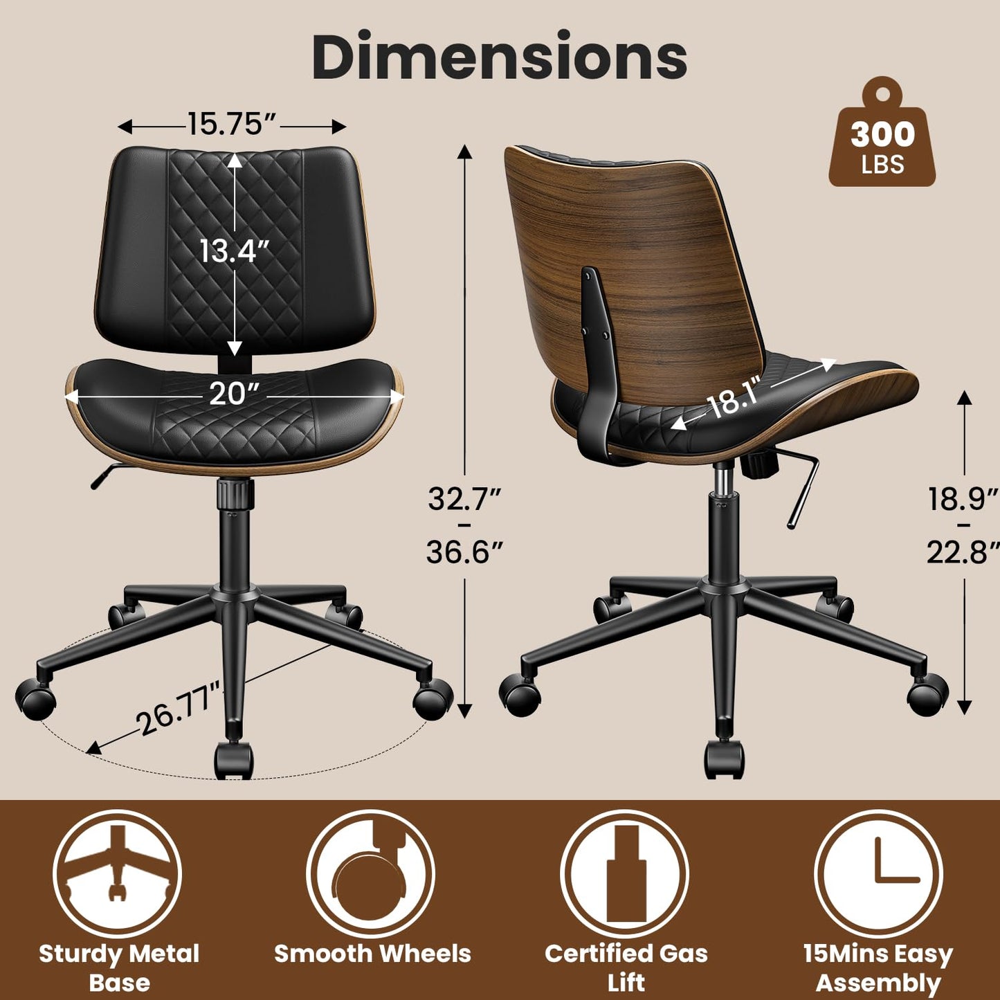 YaFiti Armless Office Chair, Mid Century Modern Desk Chair with Walnut Wood Back & SGS Level 3 Gas Lift, Swivel PU Leather Computer Chair for Small Space, Home Office, Bedroom, 300lbs Cap, Black