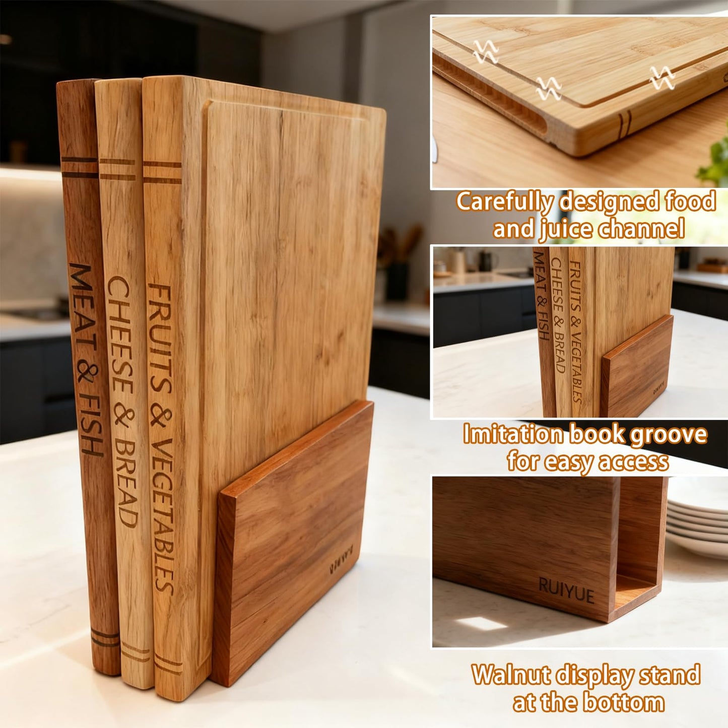 Book Shaped Cutting Board Set with Walnut Stand, 3 PCS Wooden Cutting Boards (13"x10"), Maple Sapele & Bamboo Charcuterie Serving Boards, Decorative Kitchen Decor Gift for Housewarming (1Set)