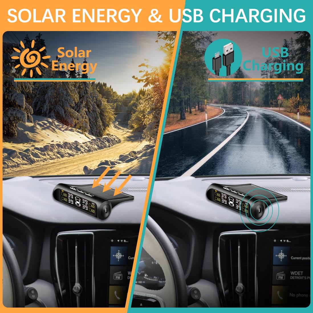 Tire Pressure Monitoring System - TPMS Tire Pressure Monitor System with Solar Charger, TPMS with 4 External sensors & 5 Alarm Modes, LCD Real-time Display, Auto Sleep Mode, Easy to Install