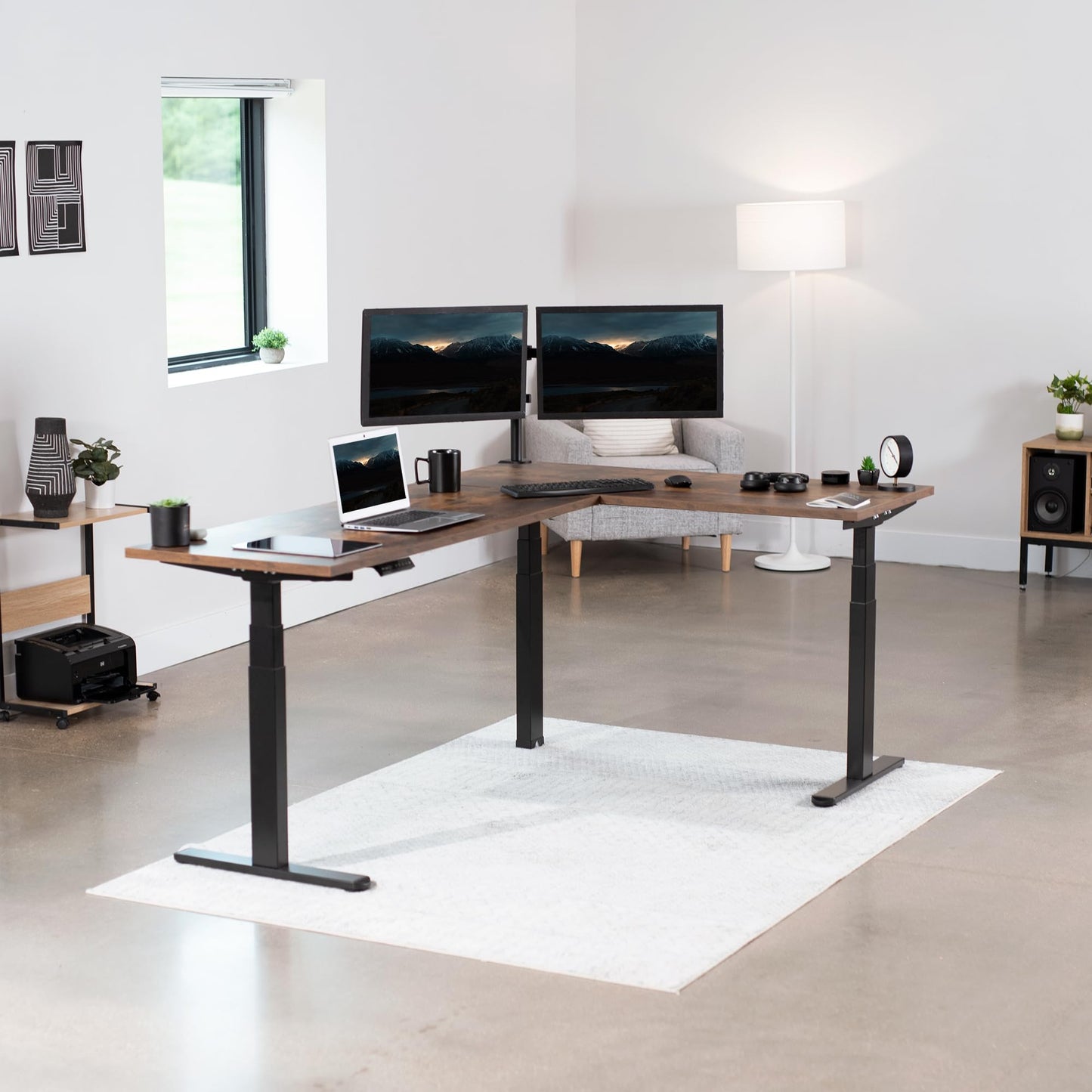 VIVO Electric Triple Motor Height Adjustable 3 Leg Corner Desk Frame, up to 300lbs, Sit Stand Ergonomic L Shaped Frame Only, Black, DESK-V130EB