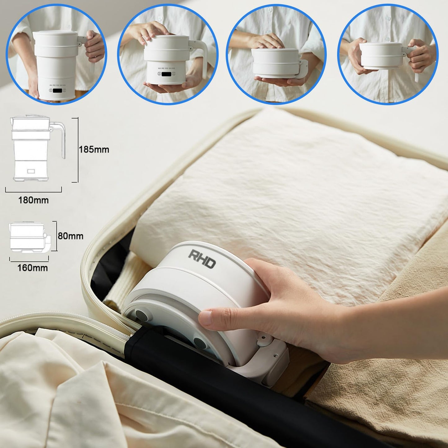 Travel Foldable Electric Kettle, 700ML Hot Water Kettle with Multifunctional Panel, Collapsible Small Boiling Water Kettle with Keep Warm & Delay Start, BPA-Free, 600W, 304 Stainless Steel, White