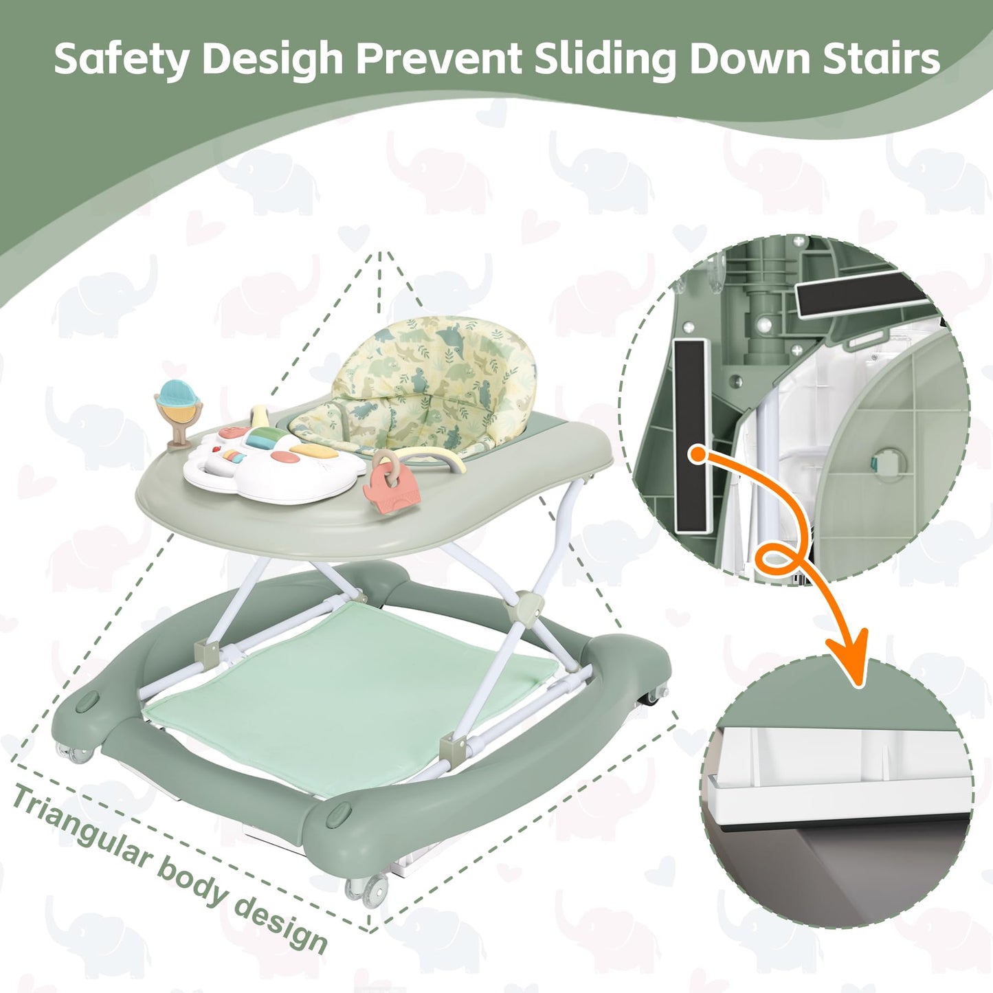 Foldable Baby 5-in-1 Activity Walker - Rocker, Activity Center, Bouncer, Seat Walker, Push Walker - Adjustable Speed Rear Wheels and Height Toys Ages 6-18 Months… (Light Green)
