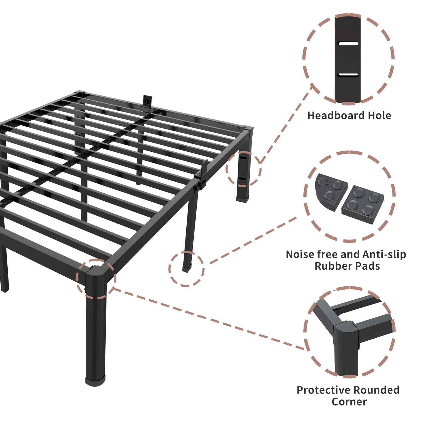 ROIL 14 inch Metal Queen Bed Frame with Rounded Corner and Headboard Hole Mattress Retainers 3500LBS Heavy Duty Steel Slats No Box Spring Needed Platform Noise-Free Easy Assembly
