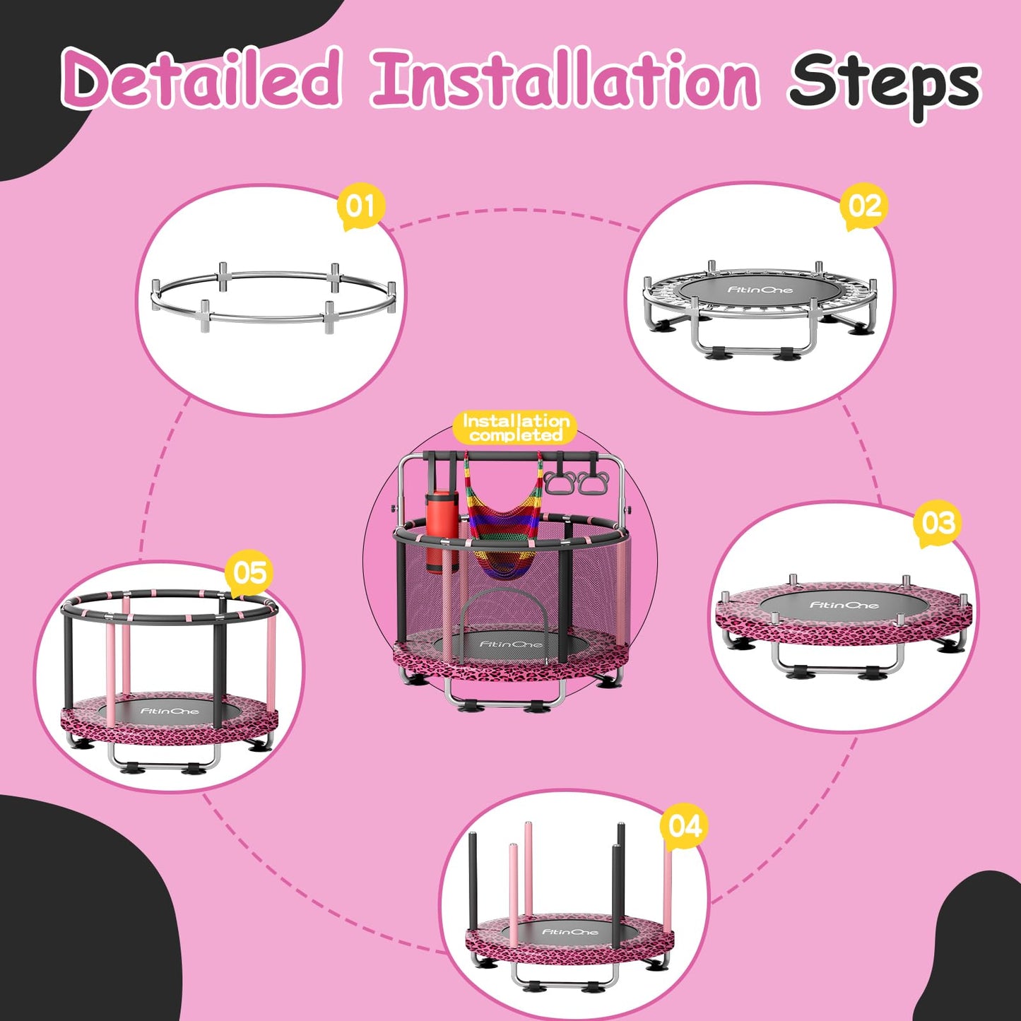 FitinOne 55" Toddler Mini Trampoline for Kids, Indoor Outdoor Toys with Swing, 440lbs Baby Kids Trampoline, Gymnastics Bar, Birthday Gifts for Boy Girl Age 1-8(Leopard)