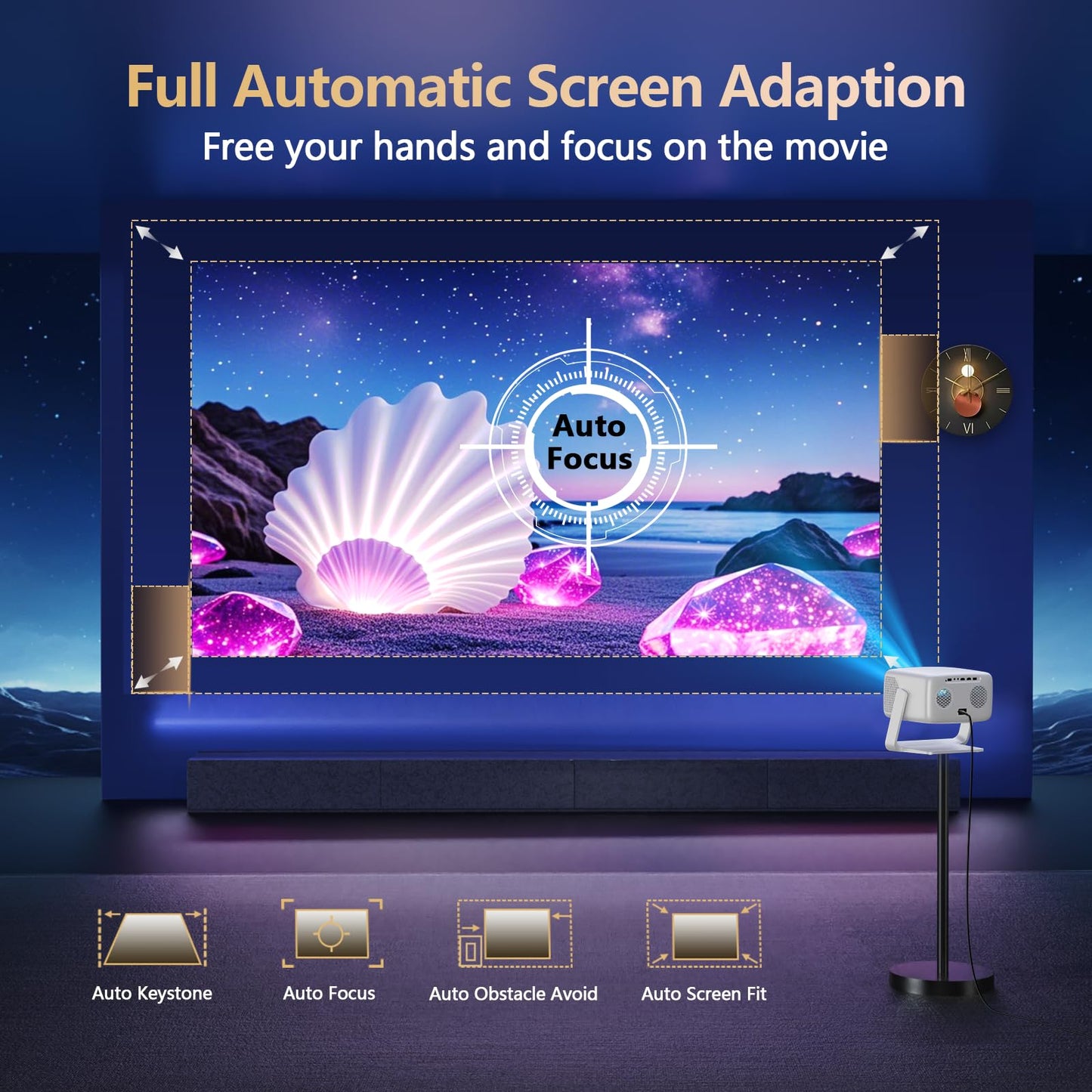 [3000+ Licensed Apps/Live TV/HDR10+/50W DoIby Audio] Smart 4K-Projector with WiFi and Bluetooth, Goiaey 3200ANSI Outdoor Projector with 360°Stand, Auto Focus, Auto Keystone, Short Throw Proyector