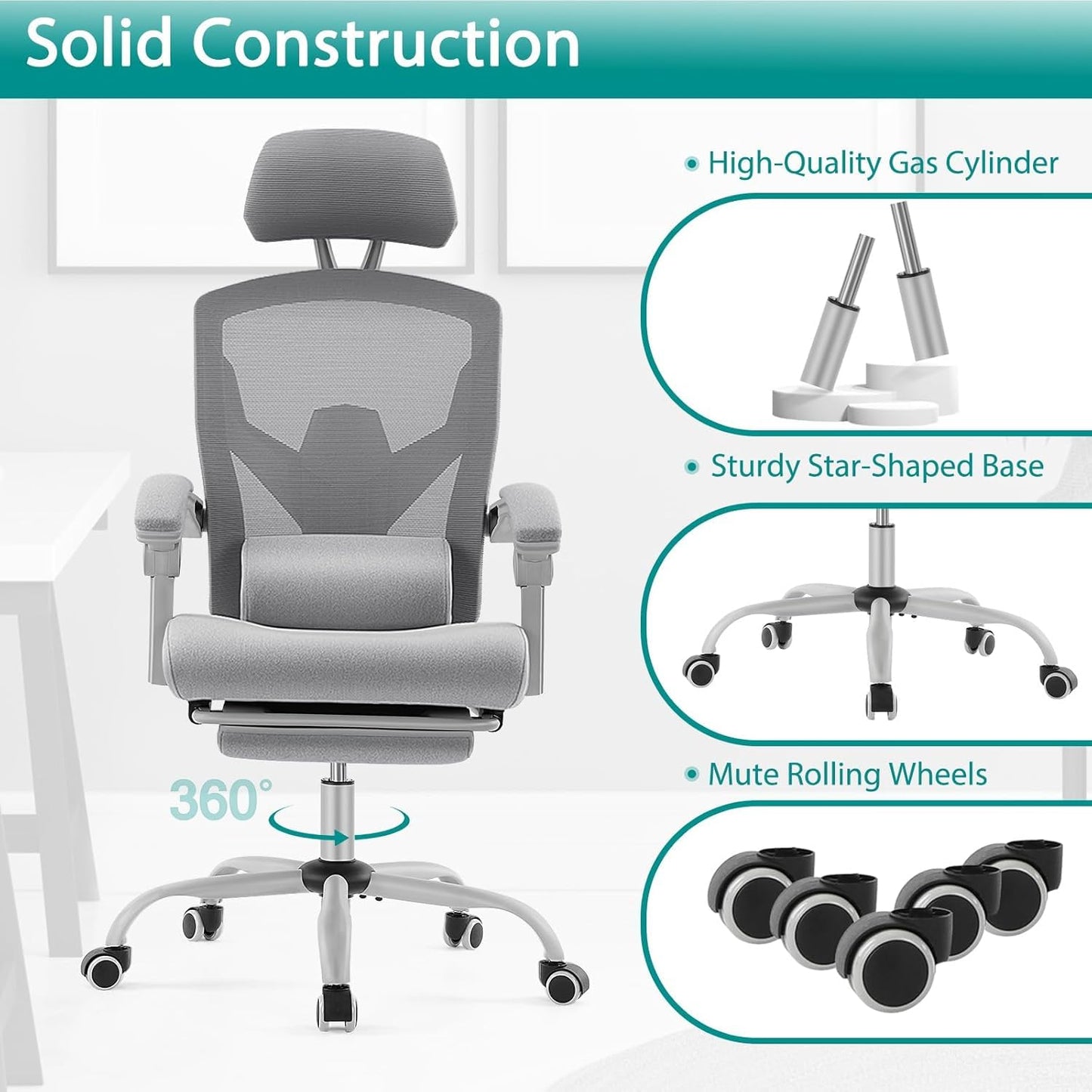 DUMOS Home Office Desk Chair with Footrest, High-Back Mesh Rolling Swivel Reclining Chairs with Wheels, Comfortable Headrest, Lumbar Support, Comfy Arms for Home, Office, Gaming, Student,Elegant Grey