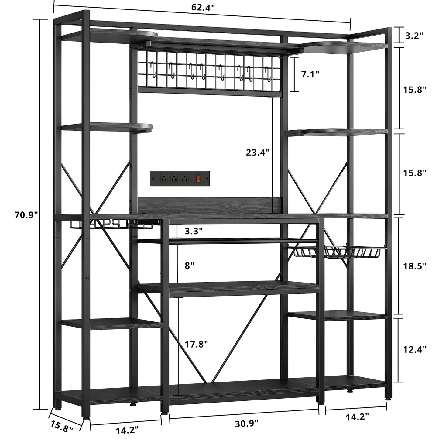 IRONCK Large Bakers Rack with Power Outlet, 62 Inch Wide Microwave Stand, Coffee Bar with Storage, Kitchen Racks and Shelves, Vintage Black