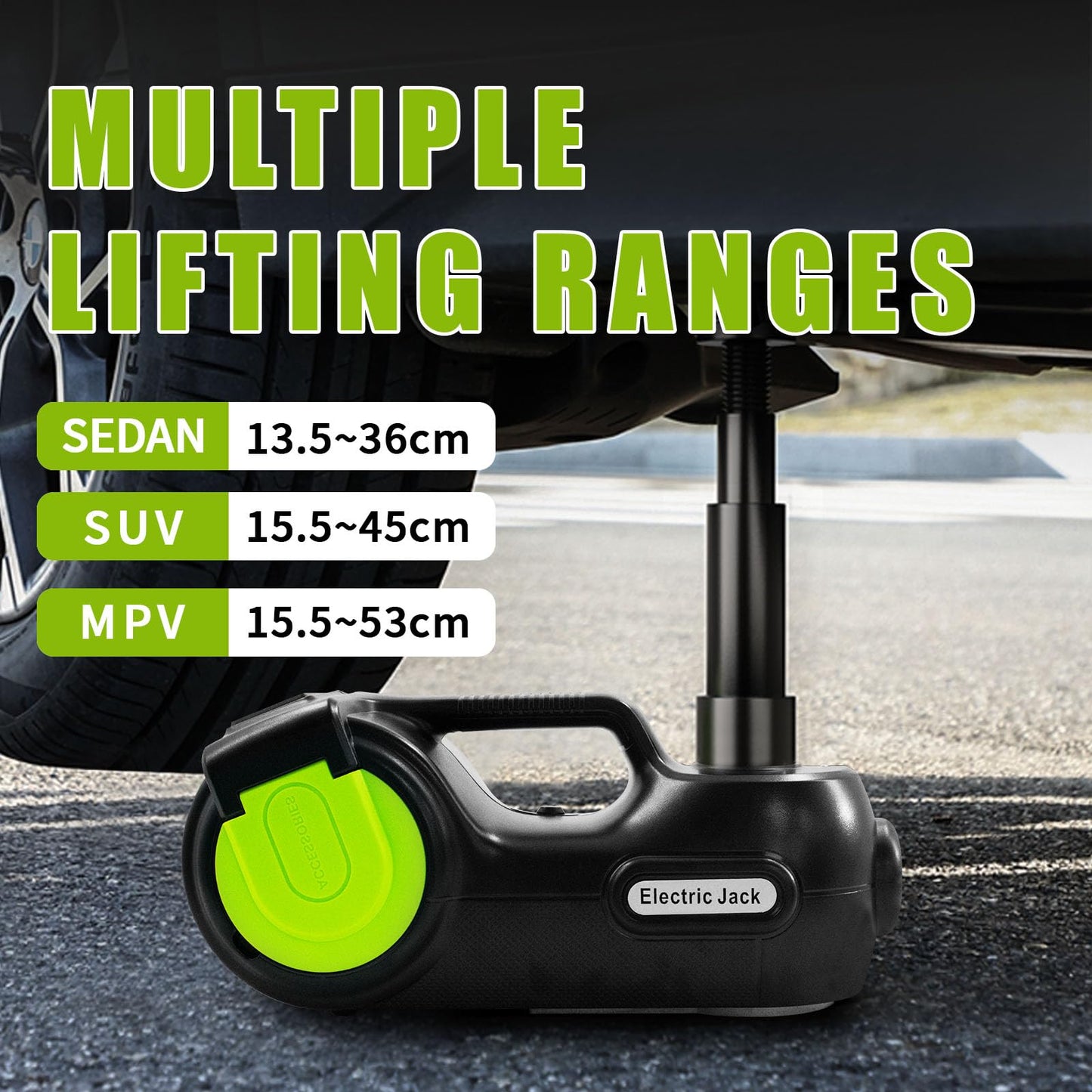 E-HEELP Electric Car Jack Kit 5 ton 12V Hydraulic Car Jack Lift (Lifting Range: 5.3-14.17inches) with Impact Wrench Inflator Pump for Car SUV Sedan MPV, LCD Display and Tire Pressure Monitor