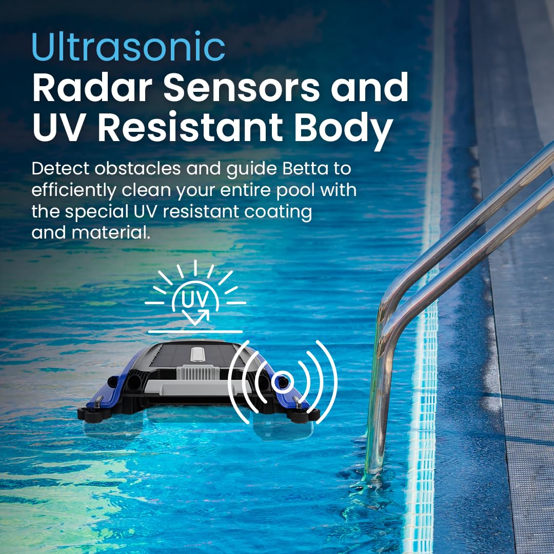 Betta SE Solar Powered Automatic Robotic Pool Surface Skimmer Cleaner with 24/7 Continuous Cleaning Battery Power and Re-Engineered Twin Salt Chlorine Tolerant Motors (Blue)
