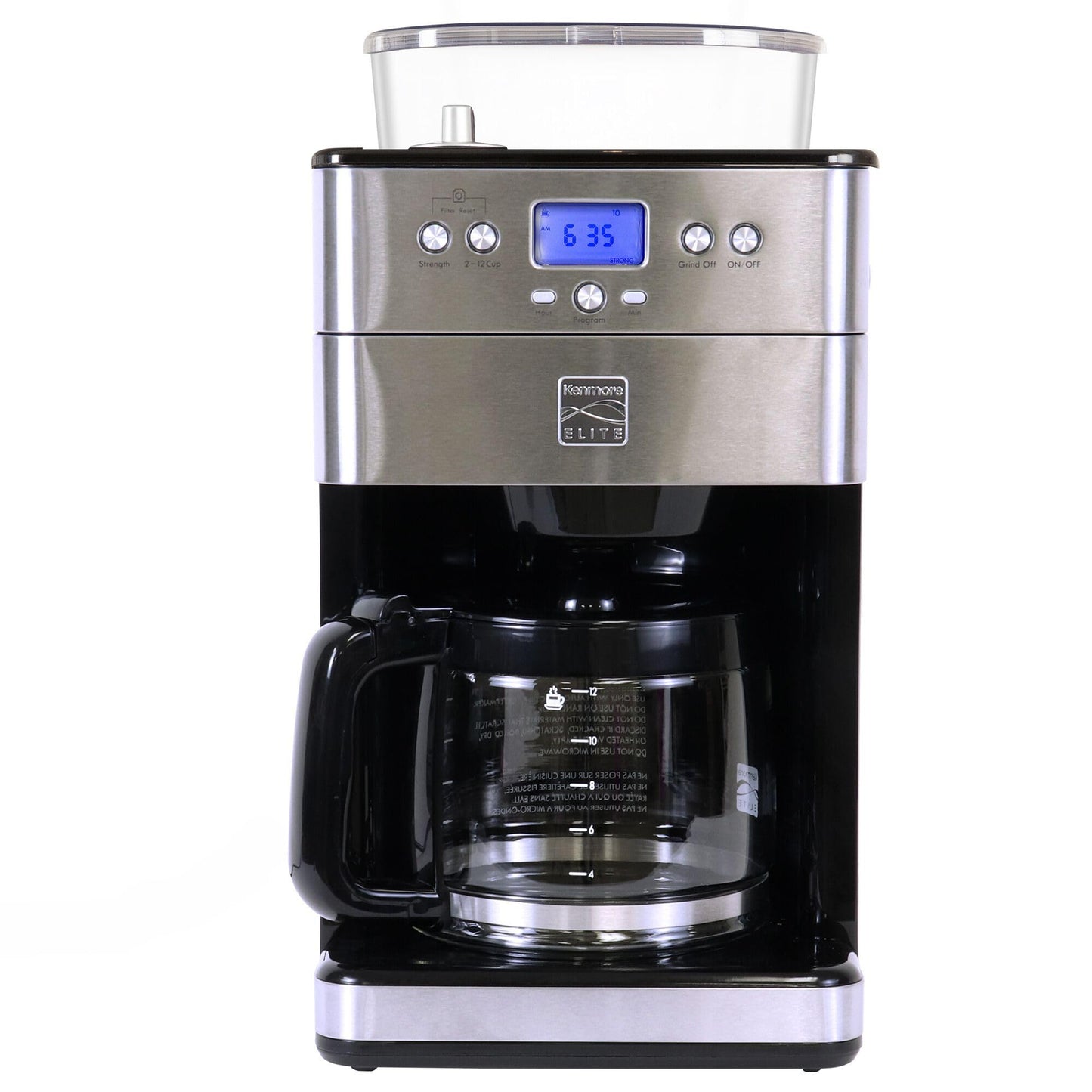 Kenmore Elite Grind and Brew Coffee Maker w/ Burr Grinder, 12 Cup Programmable Automatic Timer Brew Coffee Machine, Air-Tight Bean Hopper, Grind Size and Brew Strength Selectors, Stainless Steel