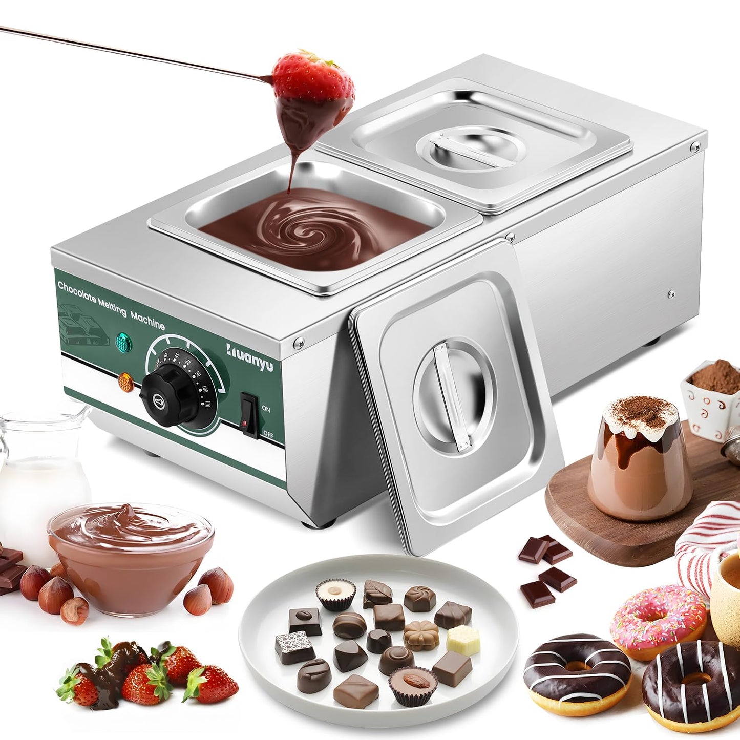 Huanyu Chocolate Tempering Machine 86~230℉ Commercial Electric Melting 2-Pot 6.6LBs Stainless Steel Food Warmer Professional Heated Chocolate Melter with Lid for Catering Restaurant Canteen Home Party