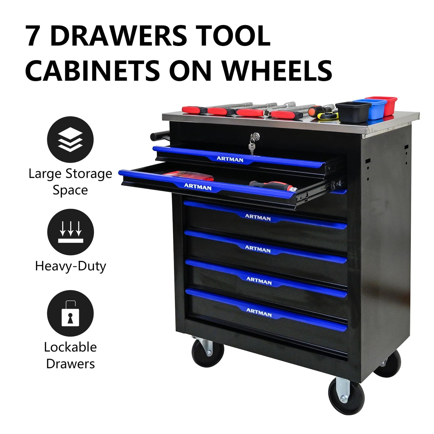 7-Drawer Heavy-Duty Rolling Steel Tool Cart with Handle&Wheels, Metal Storage Organizer Cabinet, Tool Chest for Efficient Tool Storage in Garage, Warehouse, Workshop, Repair Shop, Blue