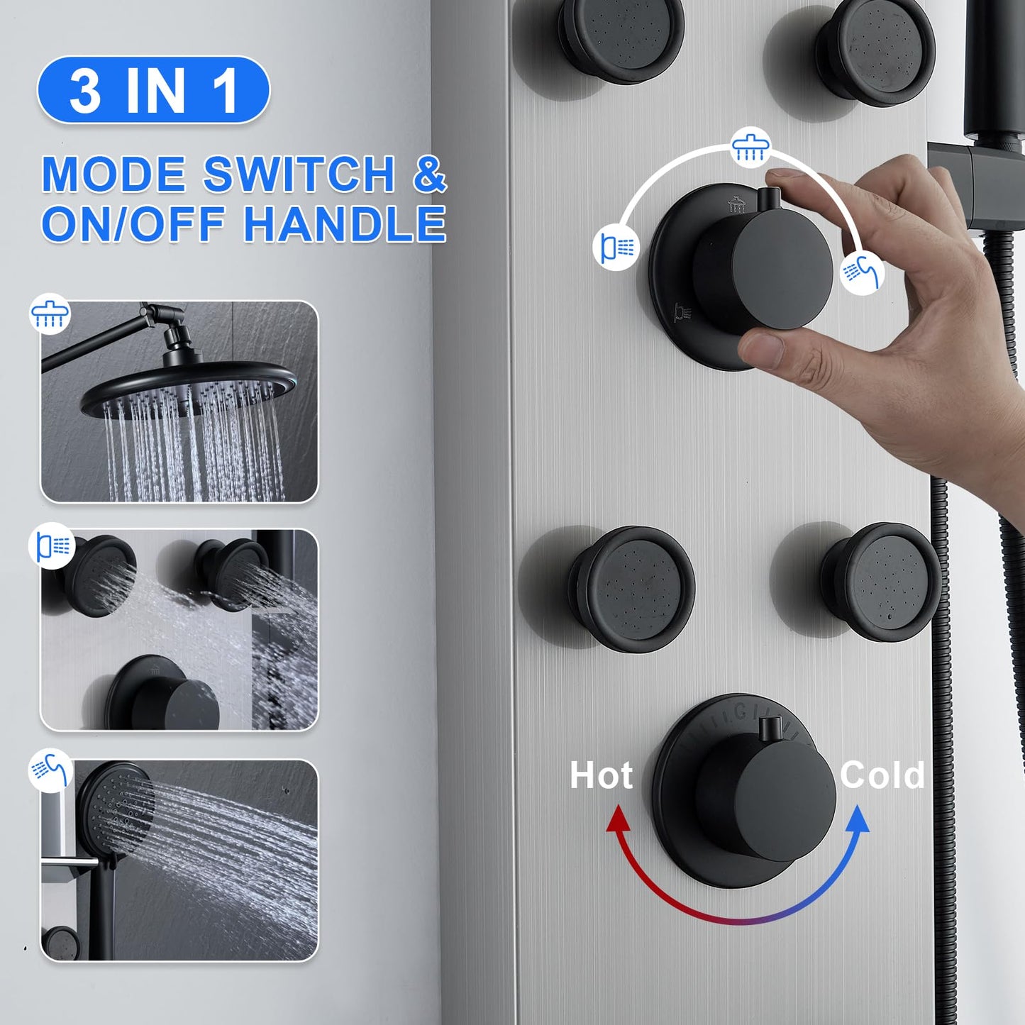 POPFLY Shower Panels System with 8-inch Rainfall Shower and Shelf, Shower Tower with Adjustable Head, 6 Body Jets and 5-Setting Handheld Shower, Brushed Nickel, Stainless Steel